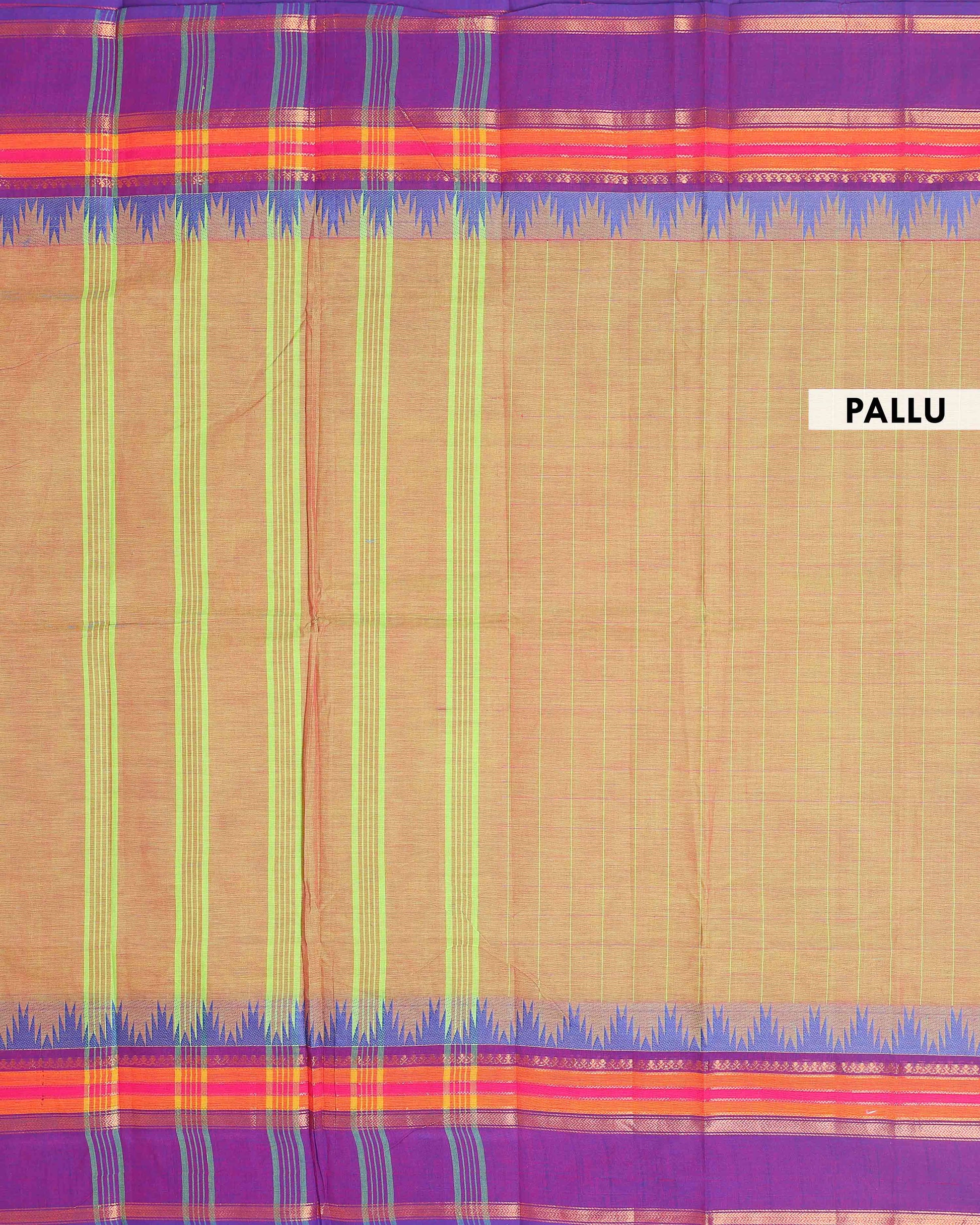 Elegant Chettinad Handloom Cotton Saree with Striped Body and Temple Border - Olive Green