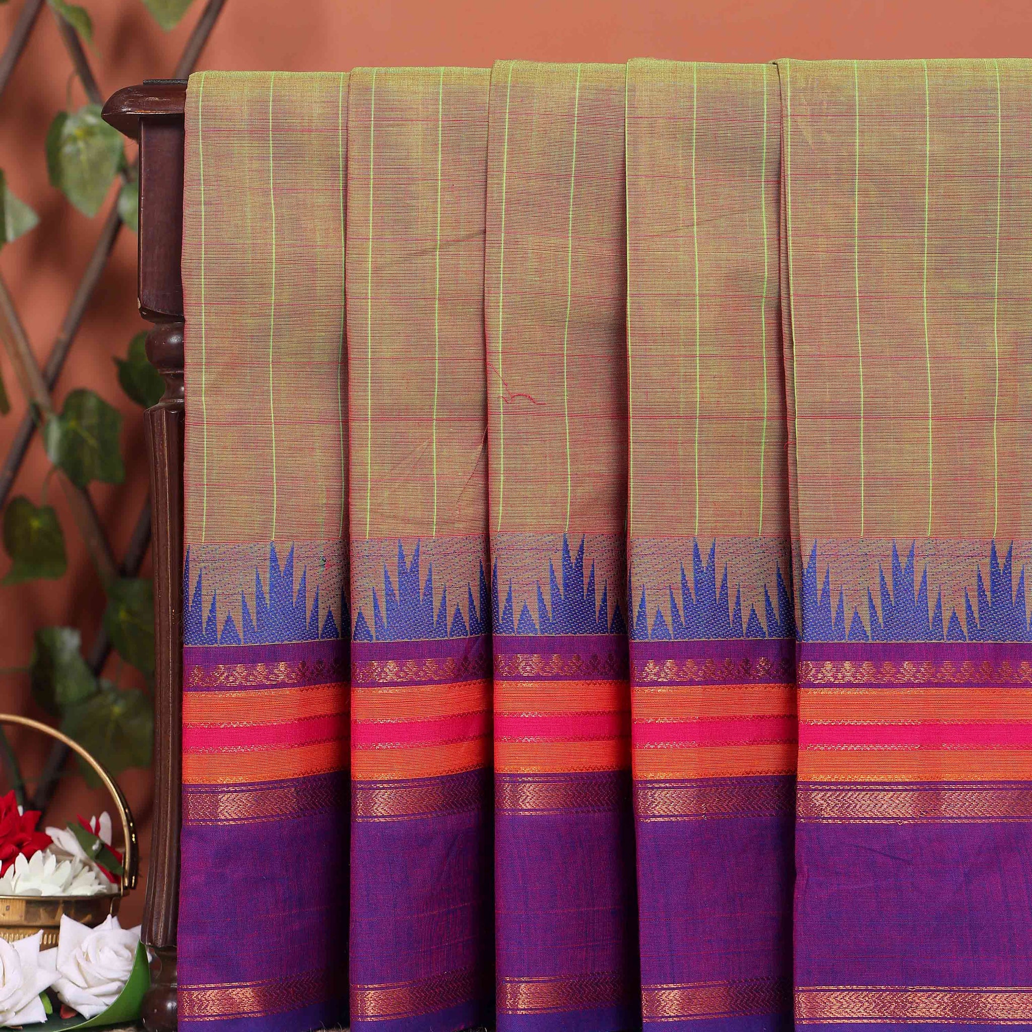 Elegant Chettinad Handloom Cotton Saree with Striped Body and Temple Border - Olive Green