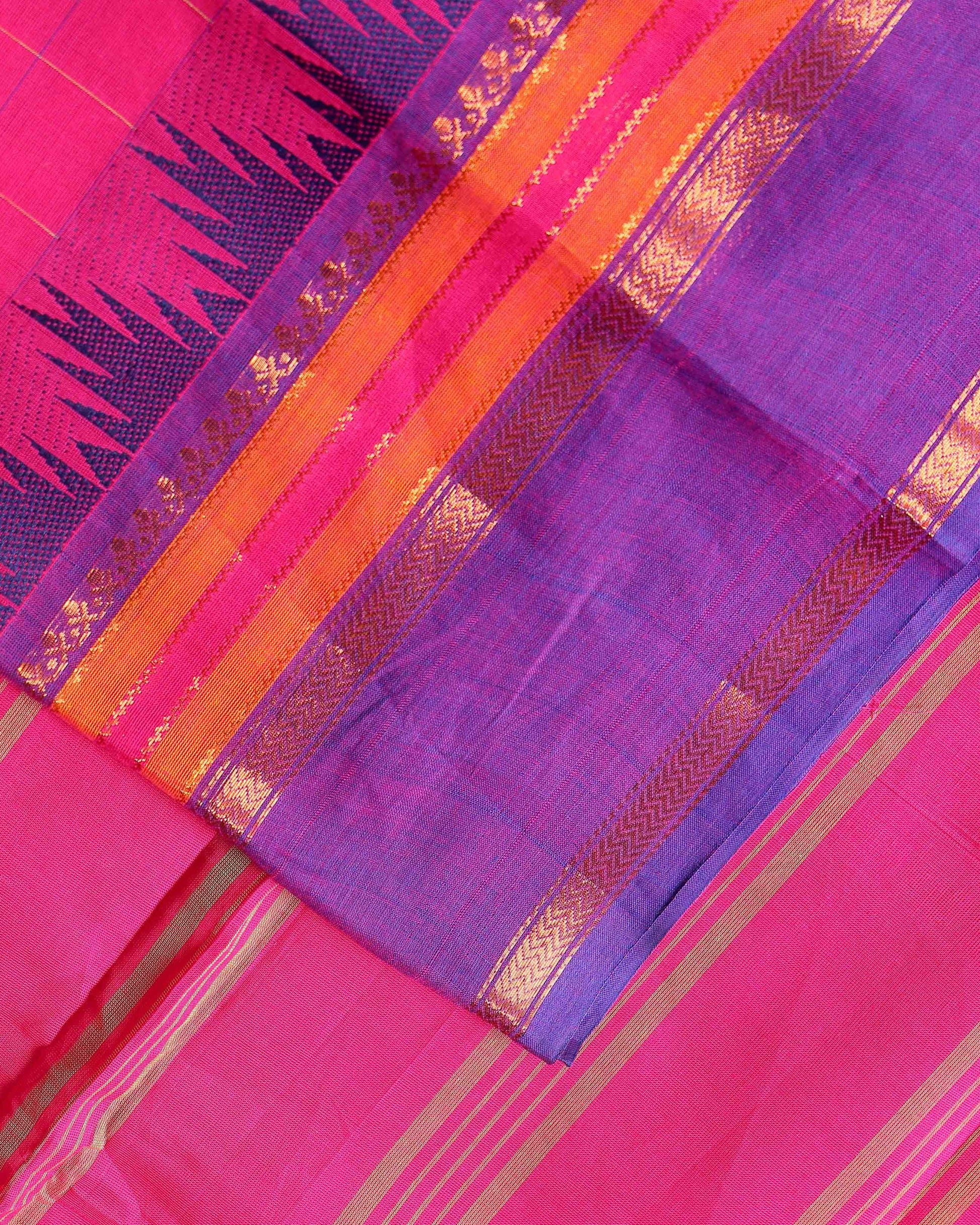 Elegant Chettinad Handloom Cotton Saree with Striped Body and Temple Border - Pink