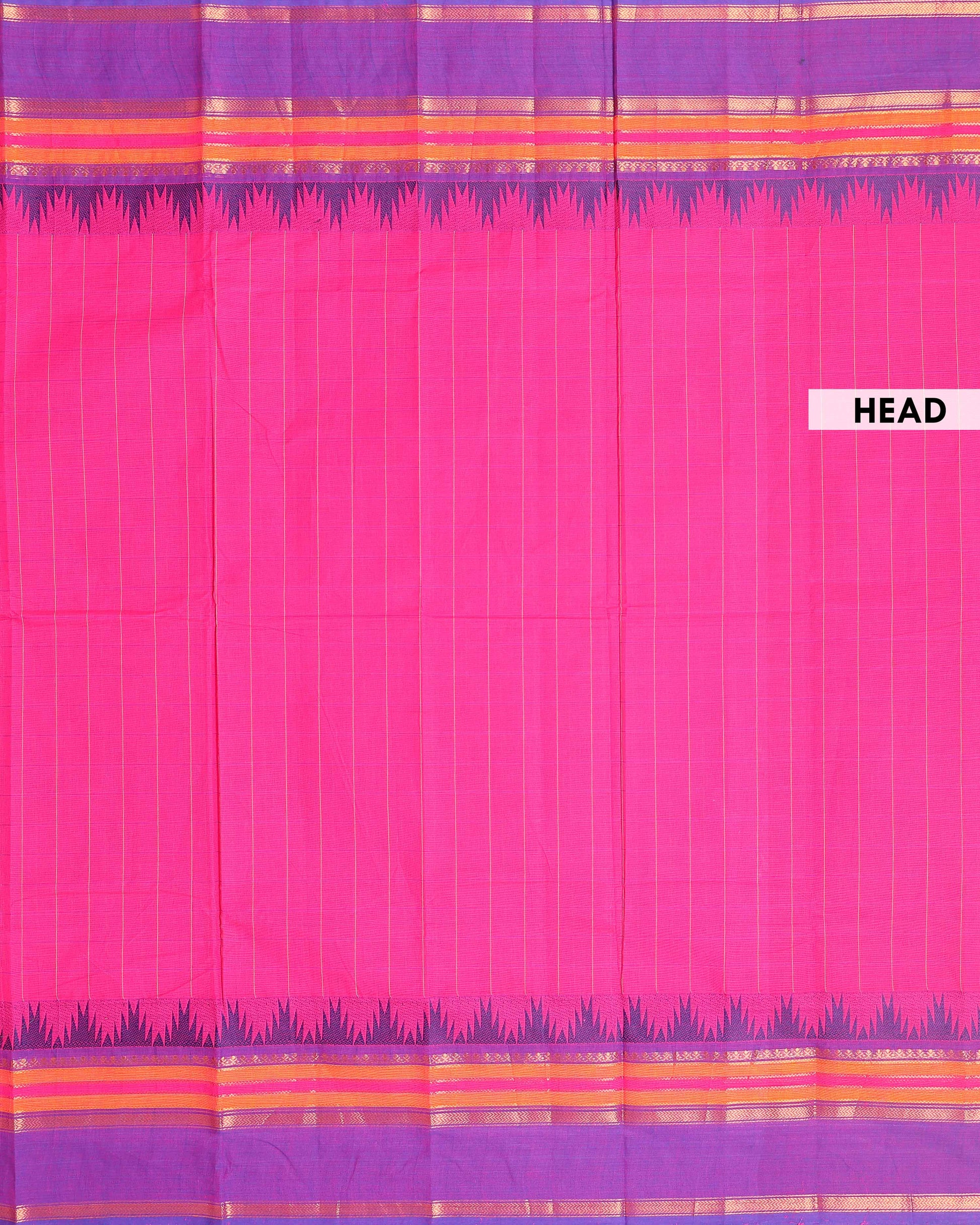 Elegant Chettinad Handloom Cotton Saree with Striped Body and Temple Border - Pink