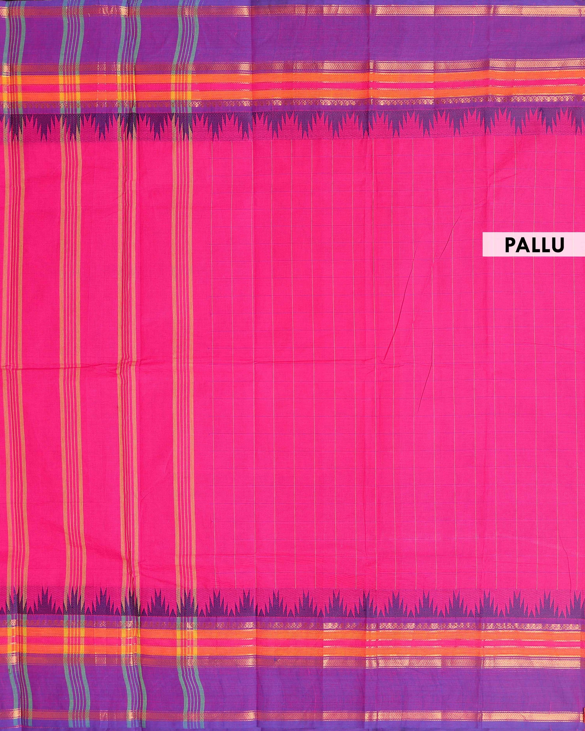 Elegant Chettinad Handloom Cotton Saree with Striped Body and Temple Border - Pink