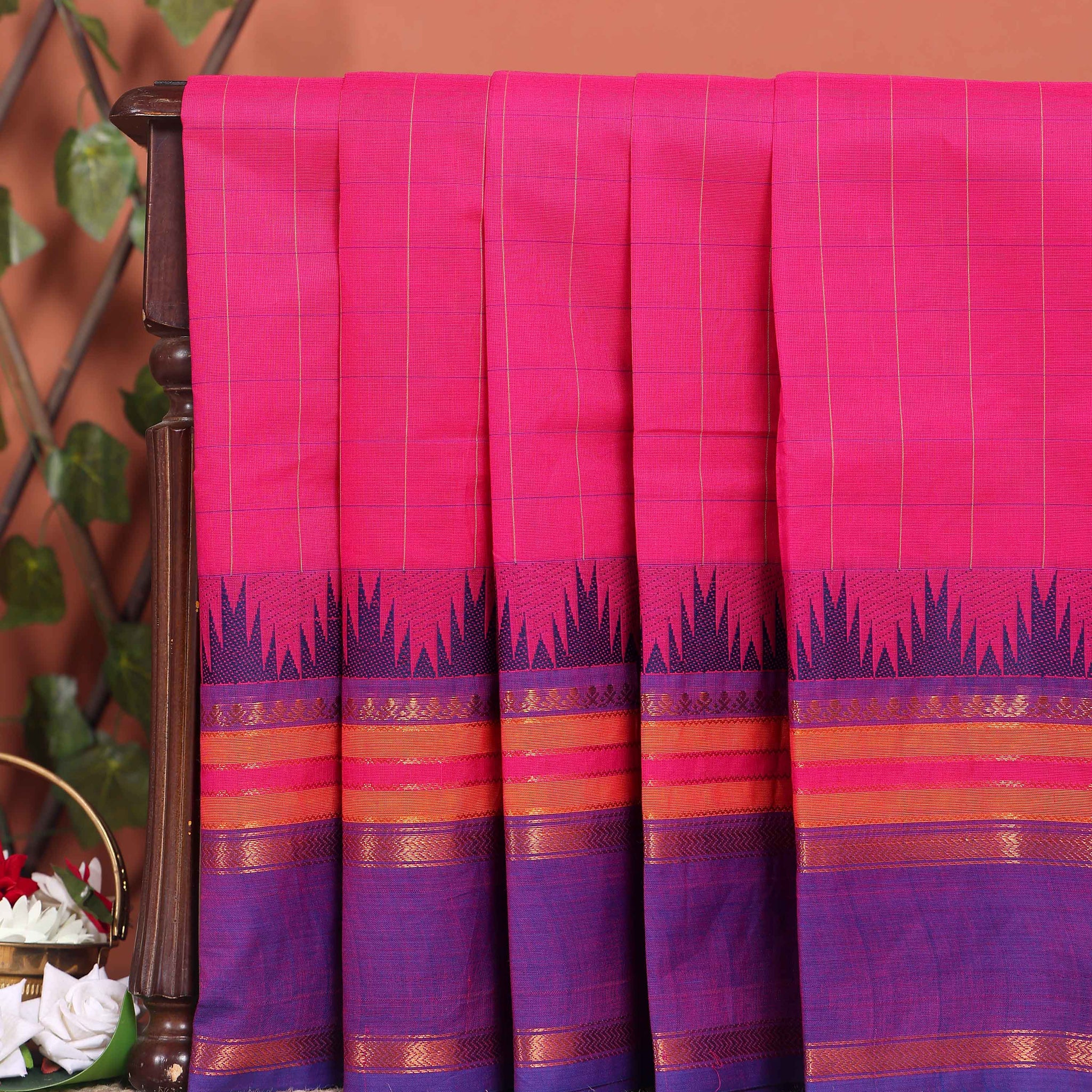 Elegant Chettinad Handloom Cotton Saree with Striped Body and Temple Border - Pink