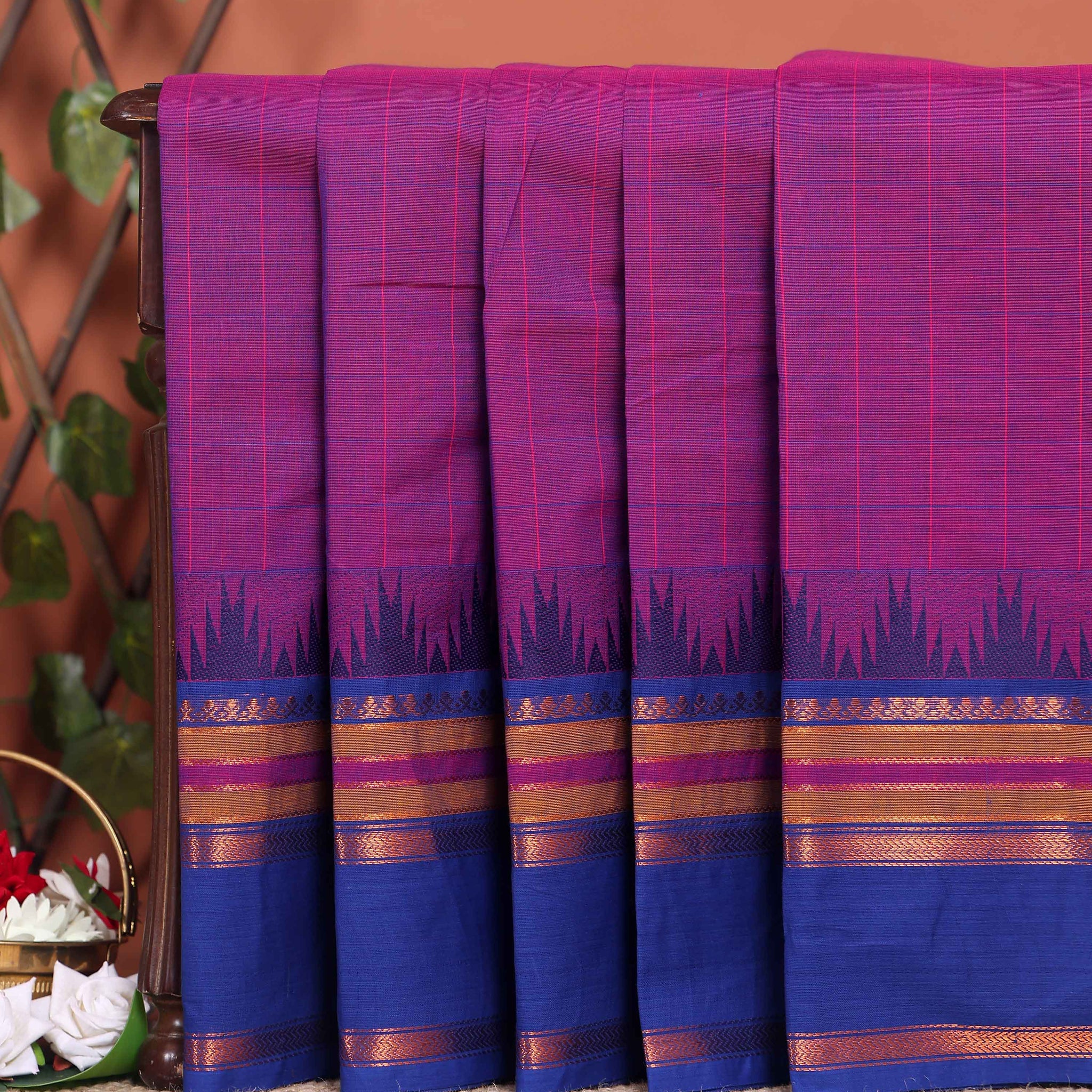 Elegant Chettinad Handloom Cotton Saree with Striped Body and Temple Border - Purple