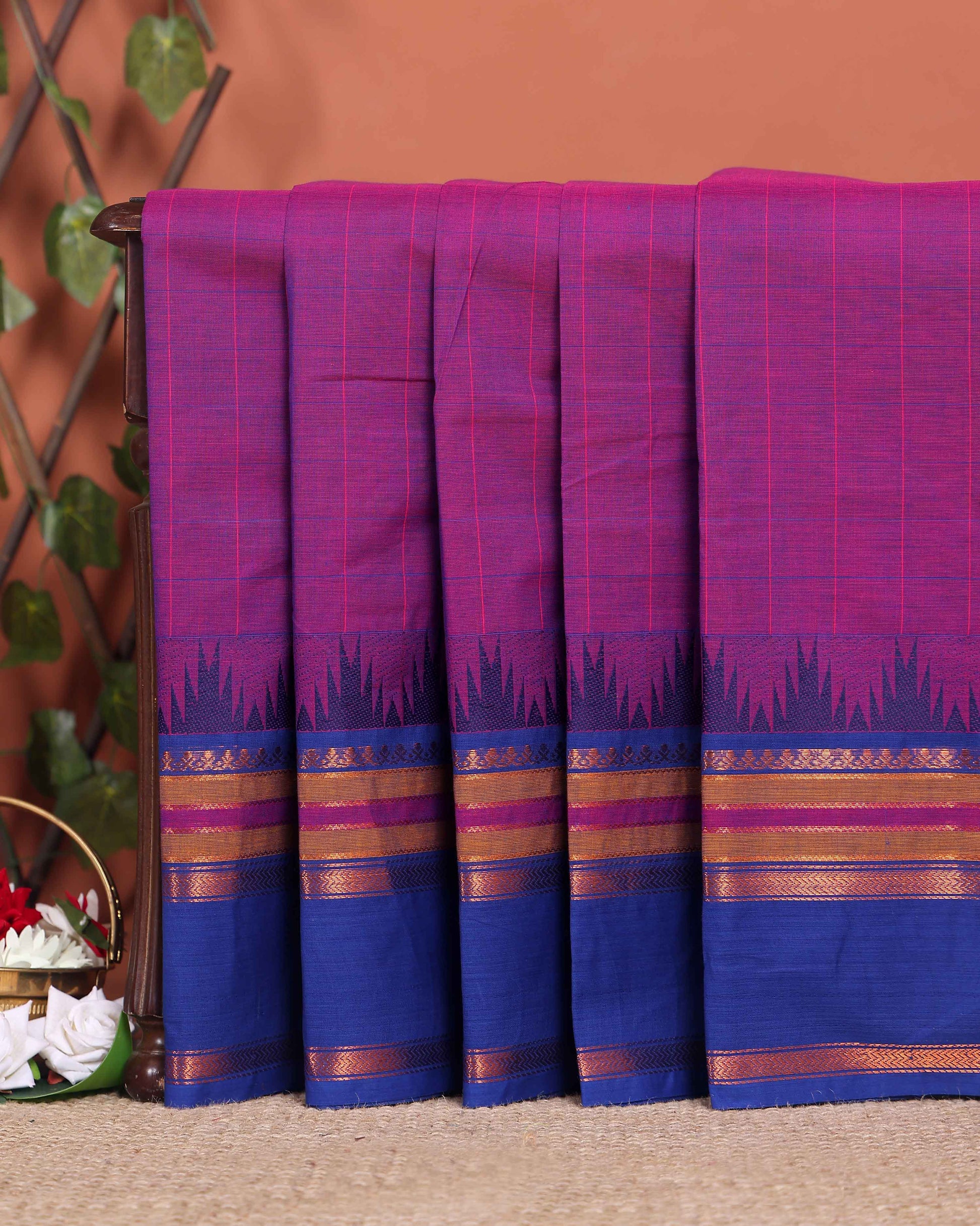 Elegant Chettinad Handloom Cotton Saree with Striped Body and Temple Border - Purple