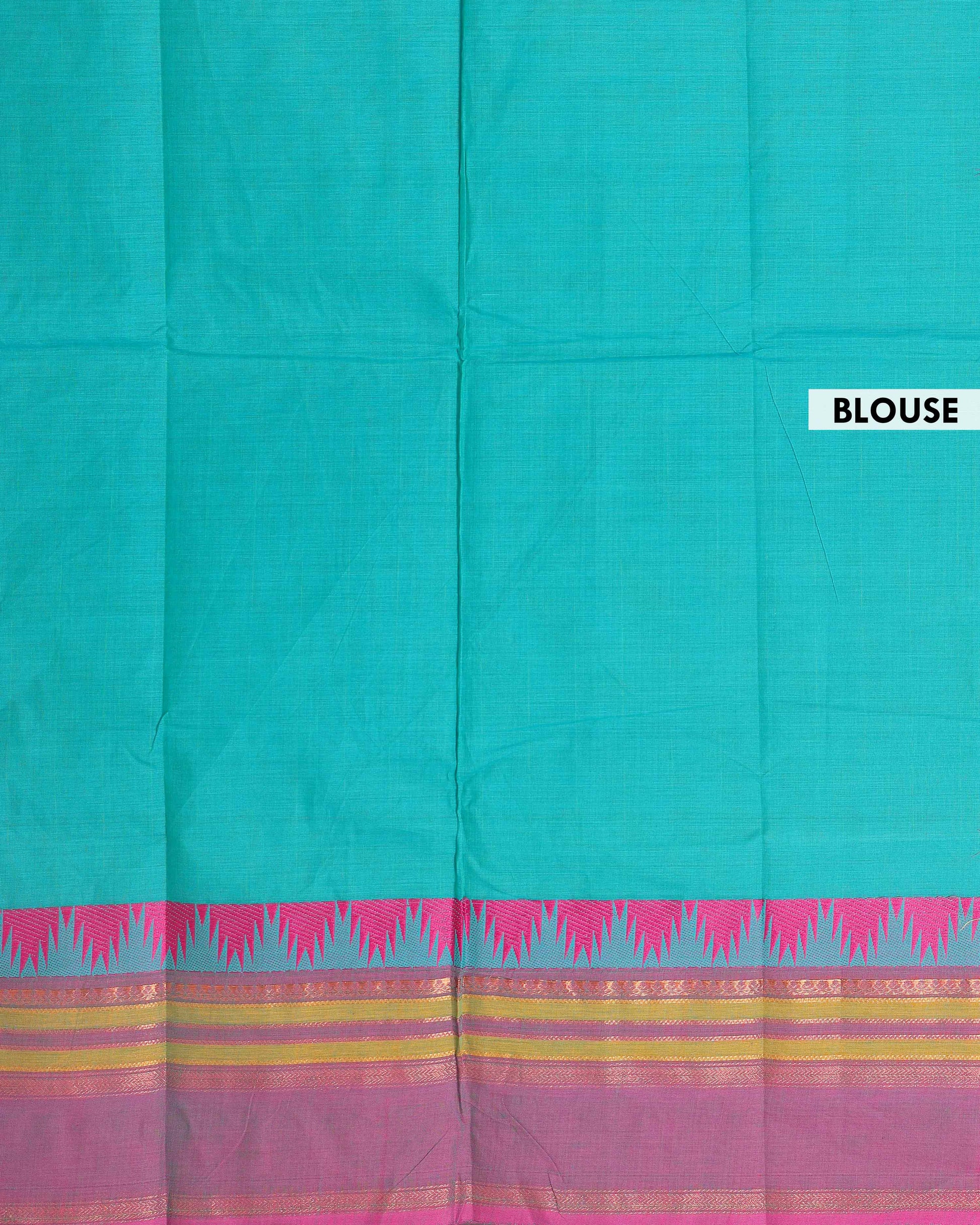 Elegant Chettinad Handloom Cotton Saree with Striped Body and Temple Border - Teal Blue
