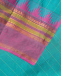 Elegant Chettinad Handloom Cotton Saree with Striped Body and Temple Border - Teal Blue