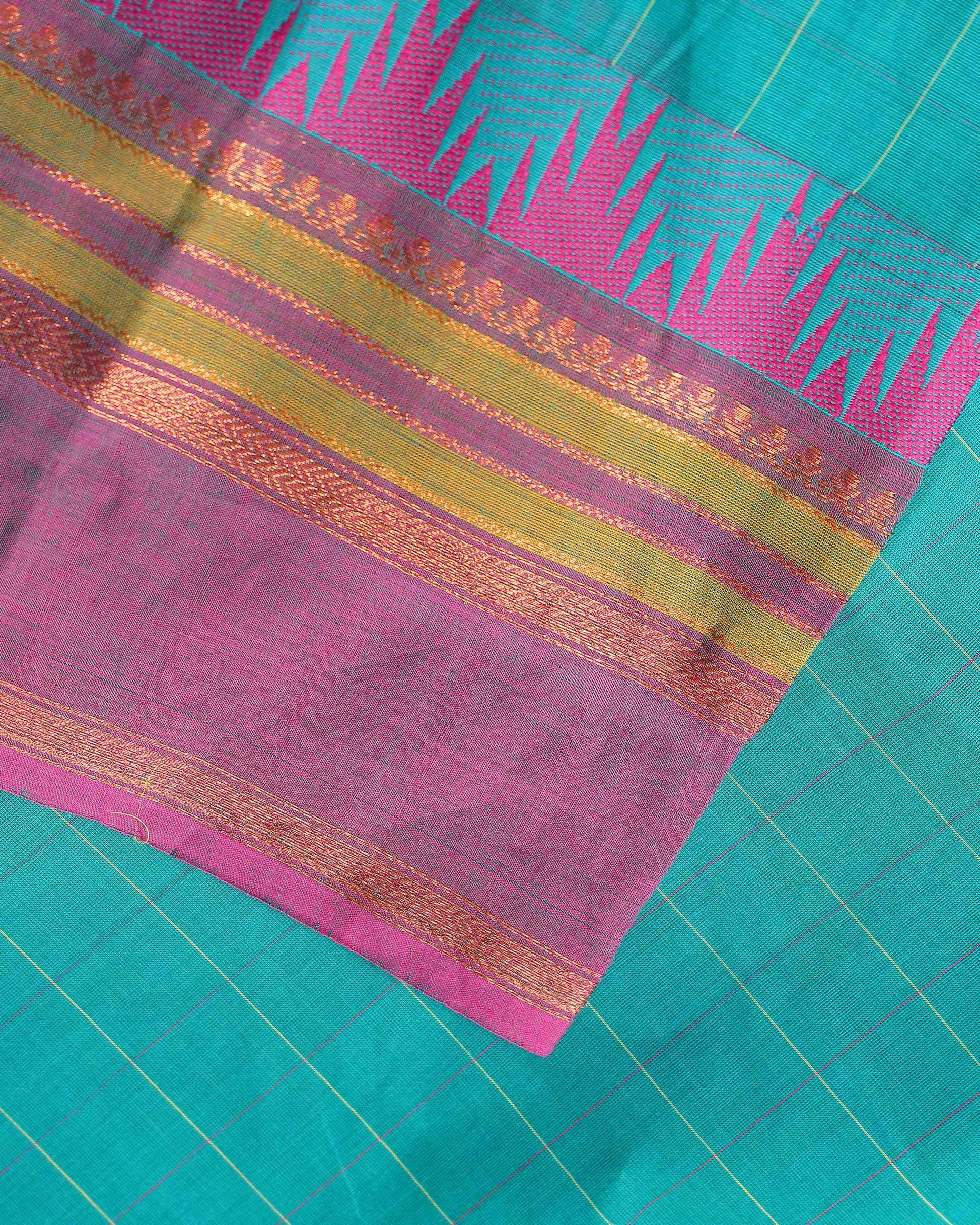 Elegant Chettinad Handloom Cotton Saree with Striped Body and Temple Border - Teal Blue