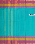 Elegant Chettinad Handloom Cotton Saree with Striped Body and Temple Border - Teal Blue