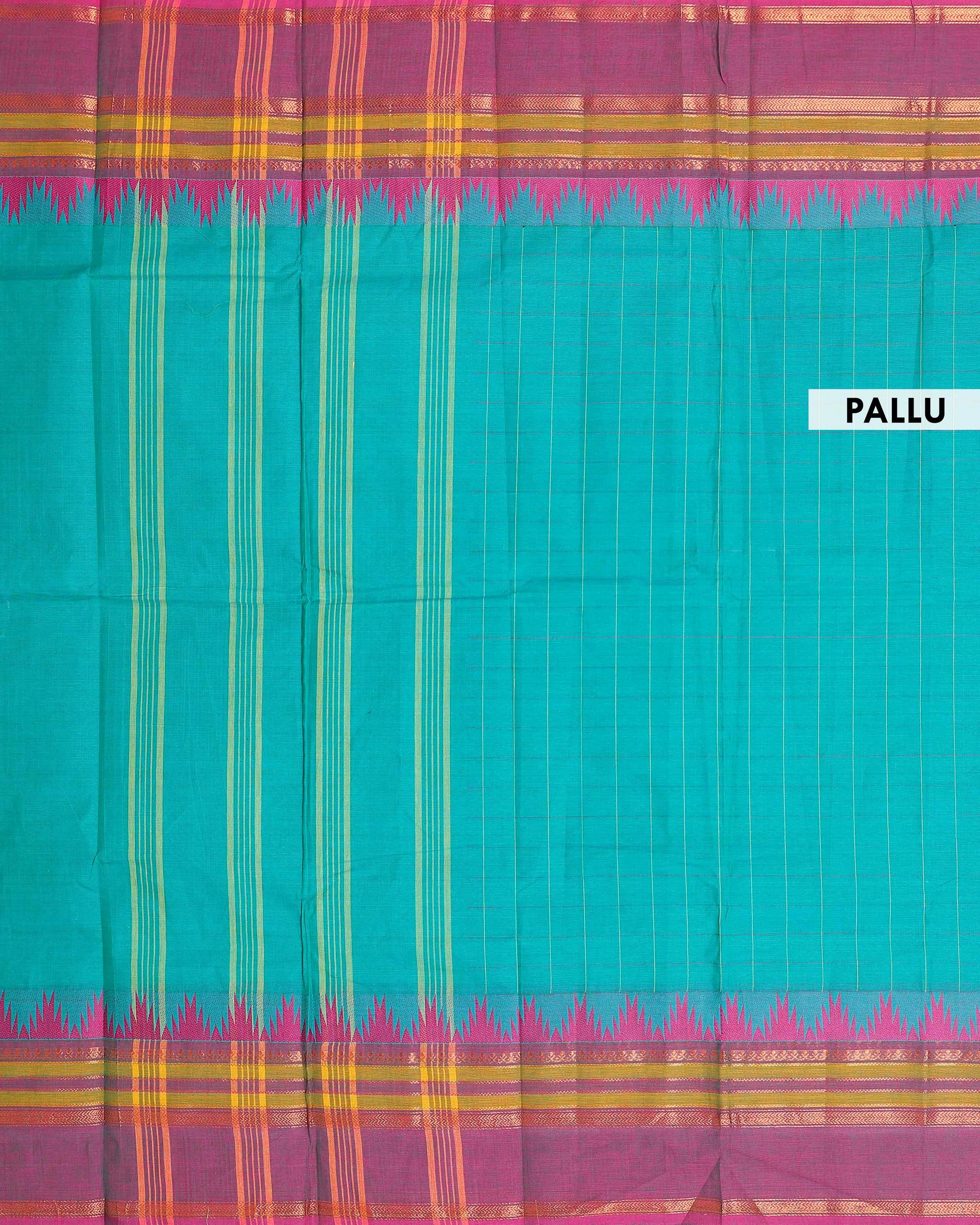 Elegant Chettinad Handloom Cotton Saree with Striped Body and Temple Border - Teal Blue