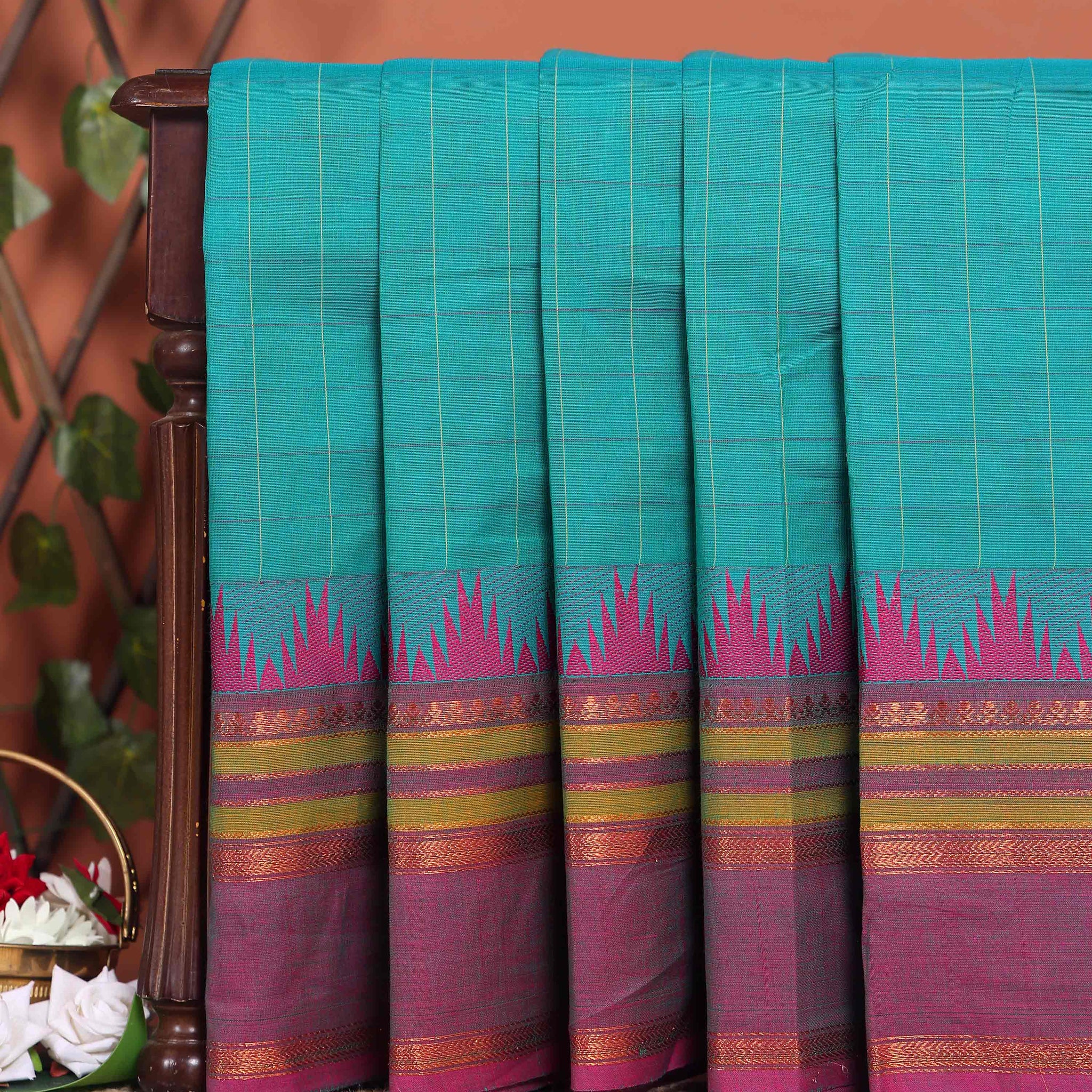 Elegant Chettinad Handloom Cotton Saree with Striped Body and Temple Border - Teal Blue