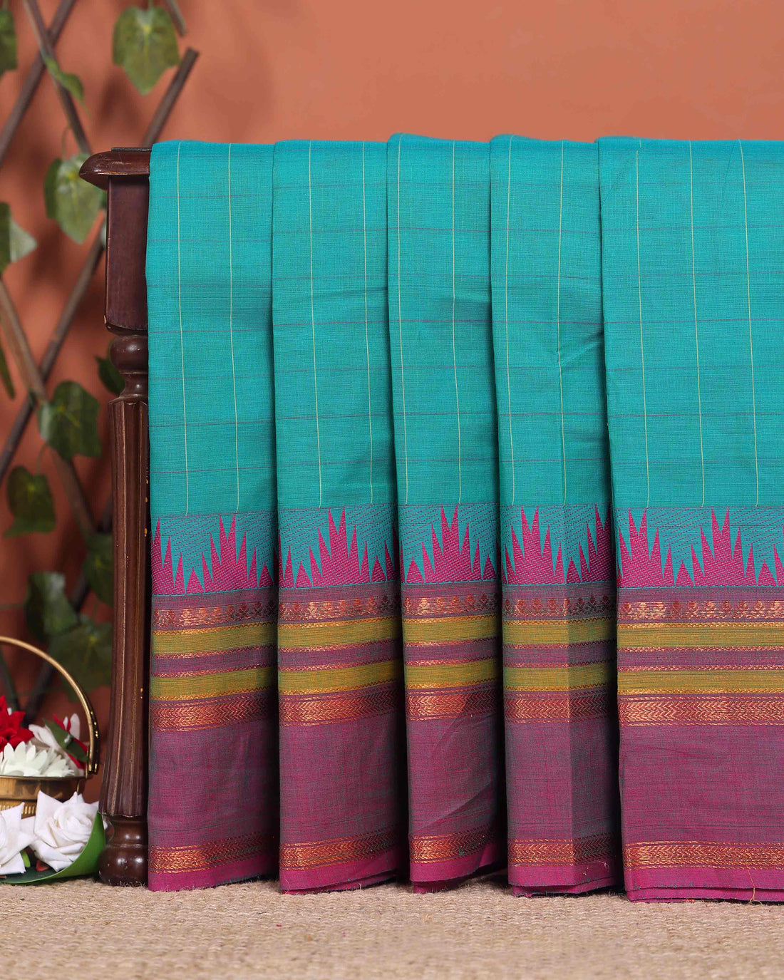 Elegant Chettinad Handloom Cotton Saree with Striped Body and Temple Border - Teal Blue