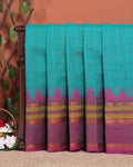 Elegant Chettinad Handloom Cotton Saree with Striped Body and Temple Border - Teal Blue