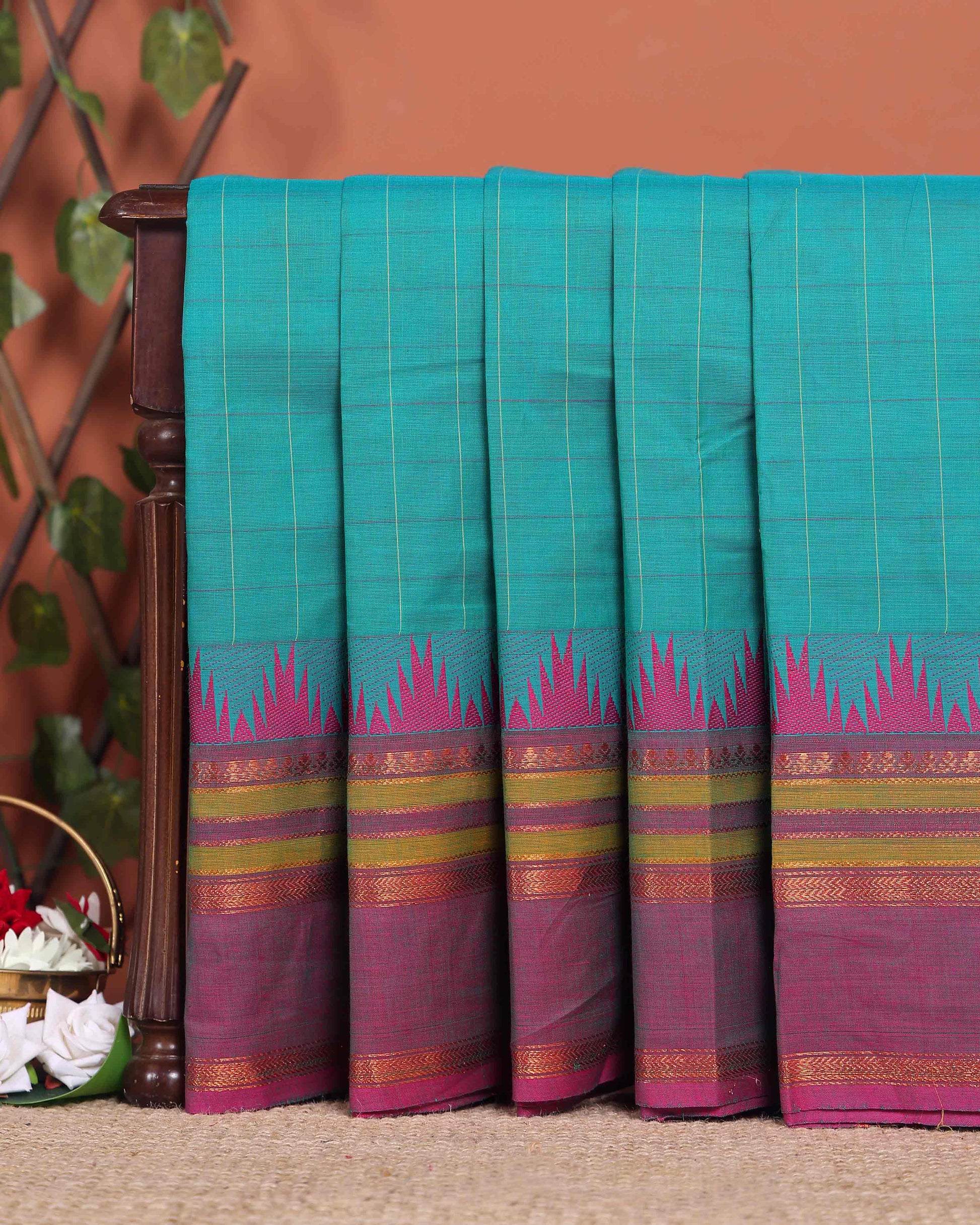 Elegant Chettinad Handloom Cotton Saree with Striped Body and Temple Border - Teal Blue