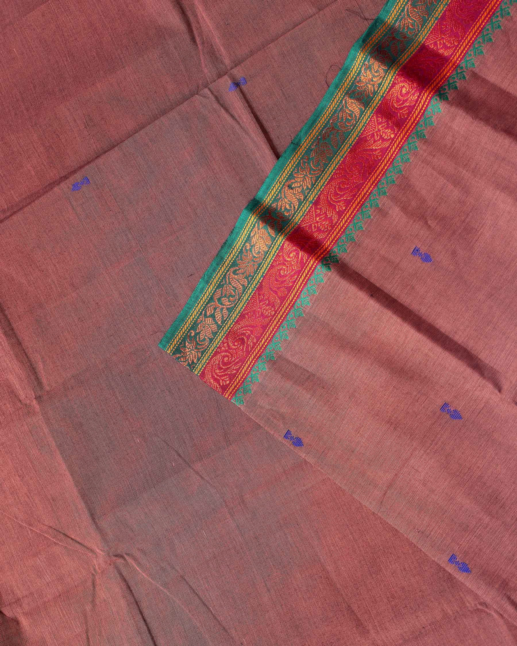 Elegant Chettinad Handloom Saree with Temple Border Design - Dark Brown
