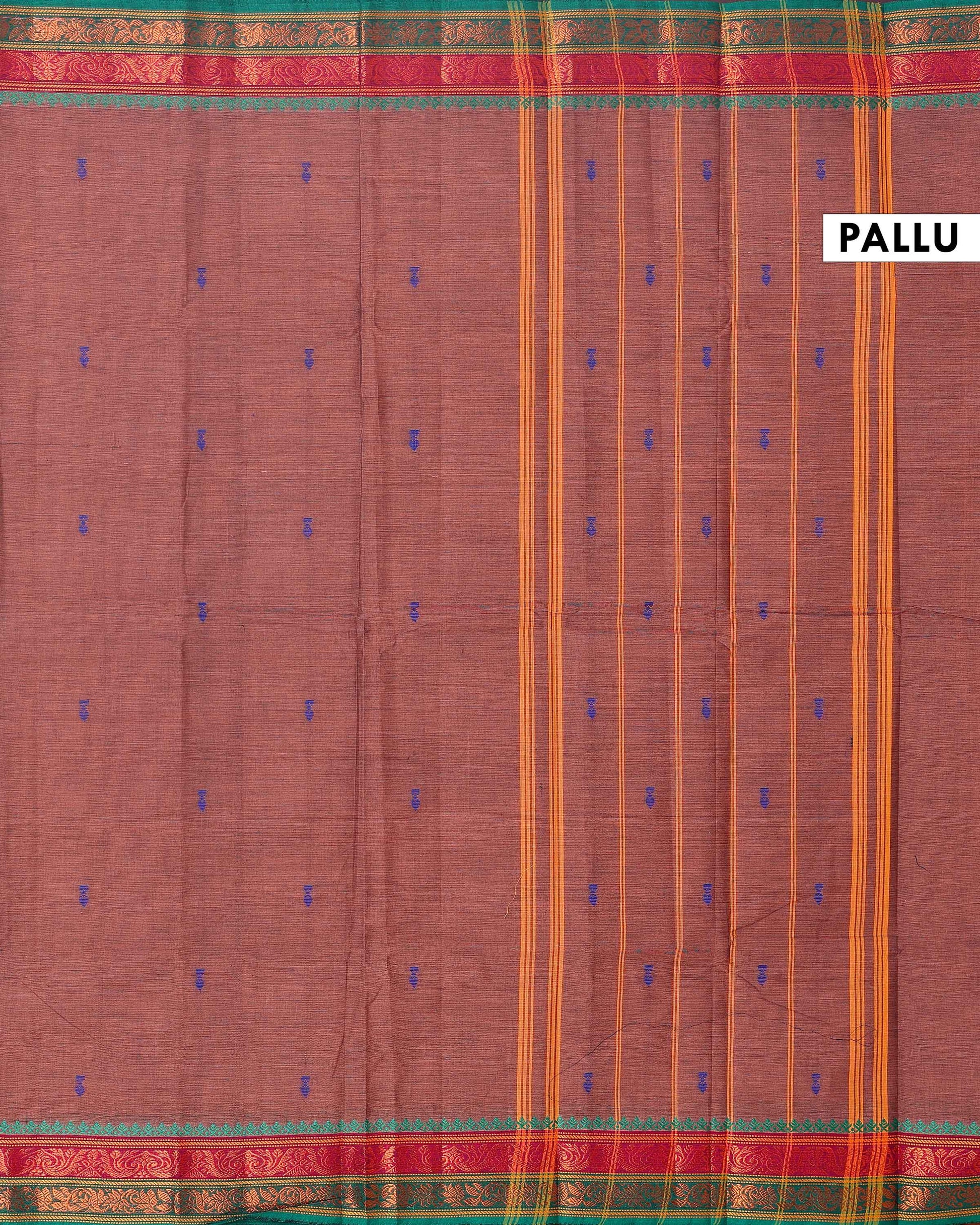 Elegant Chettinad Handloom Saree with Temple Border Design - Dark Brown