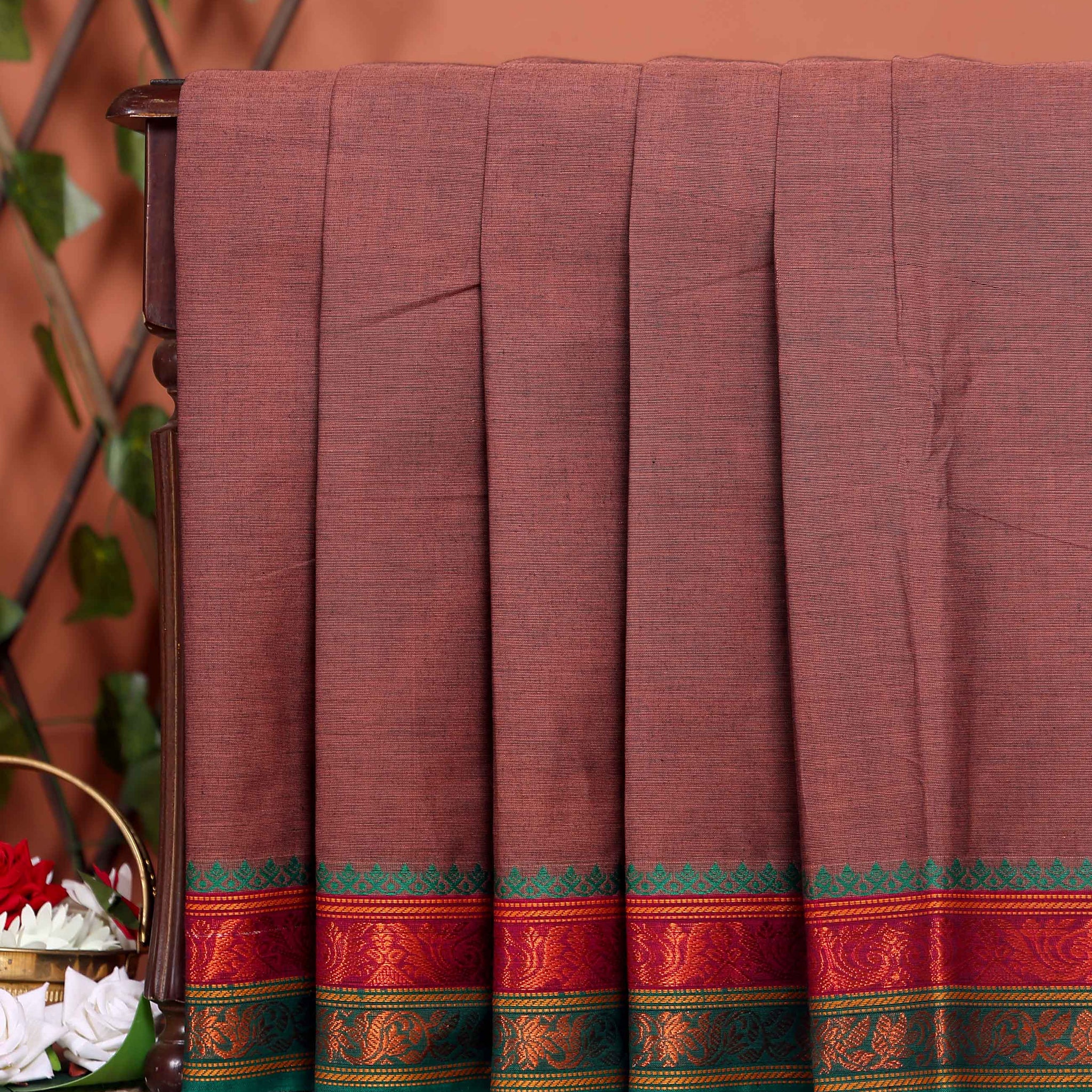 Elegant Chettinad Handloom Saree with Temple Border Design - Dark Brown