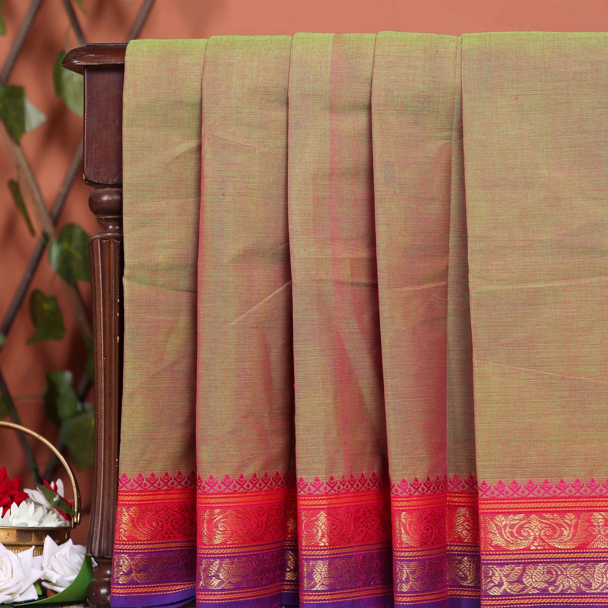 Elegant Chettinad Handloom Saree with Temple Border Design - Olive Green