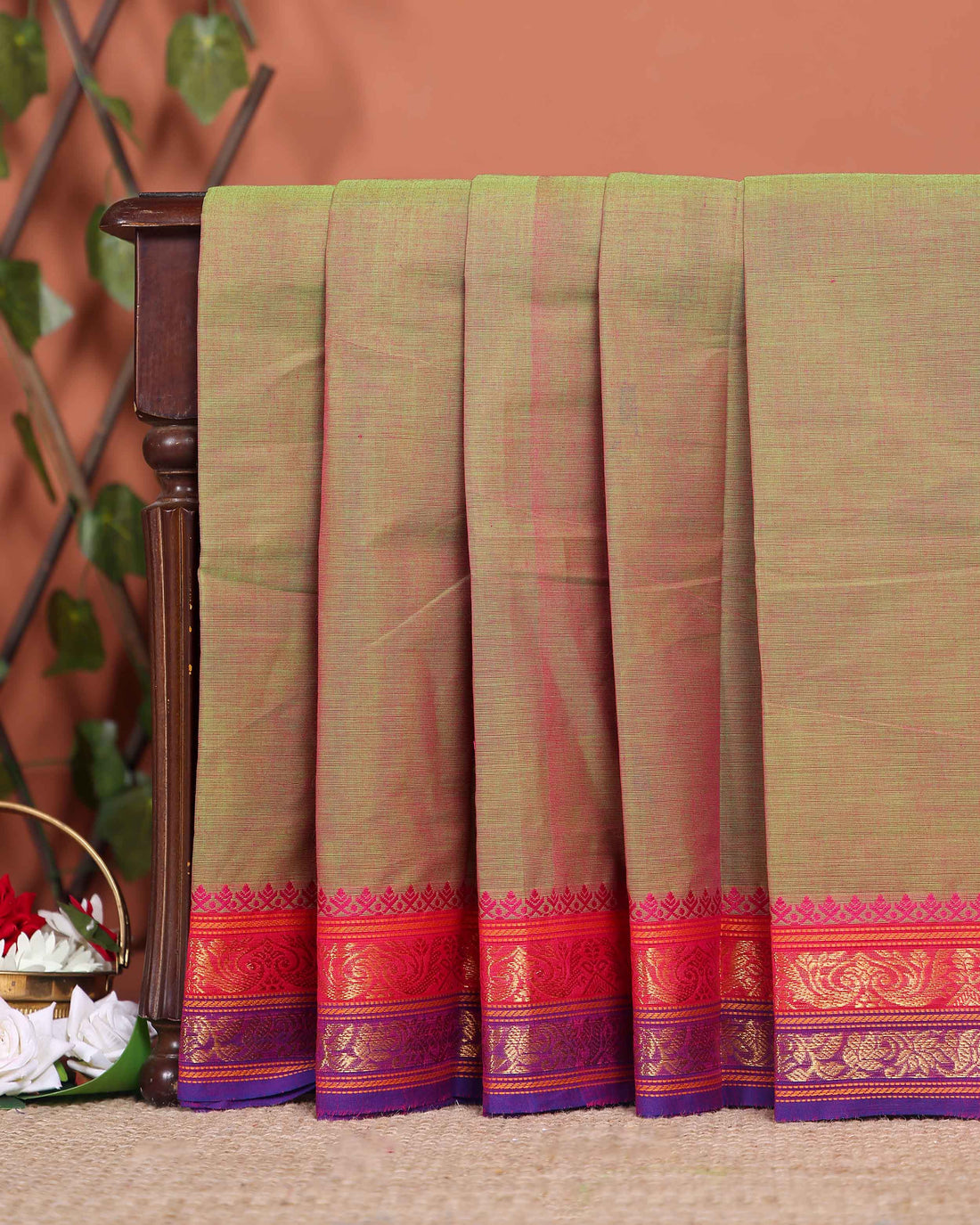Elegant Chettinad Handloom Saree with Temple Border Design - Olive Green
