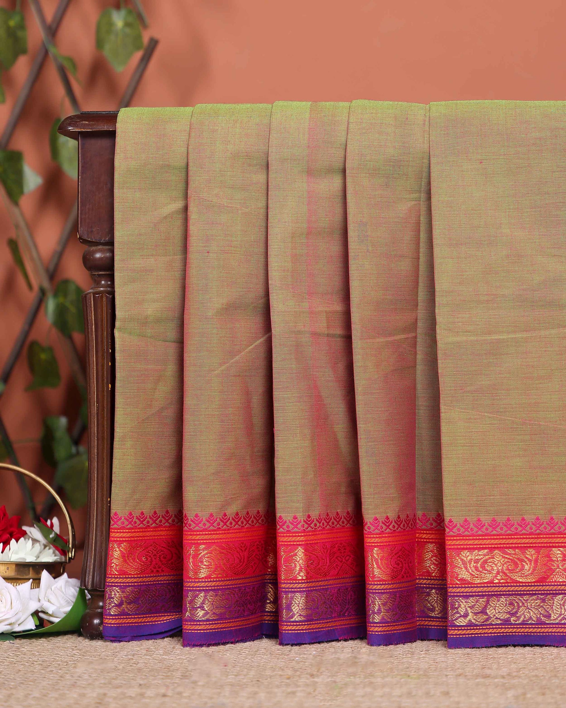 Elegant Chettinad Handloom Saree with Temple Border Design - Olive Green