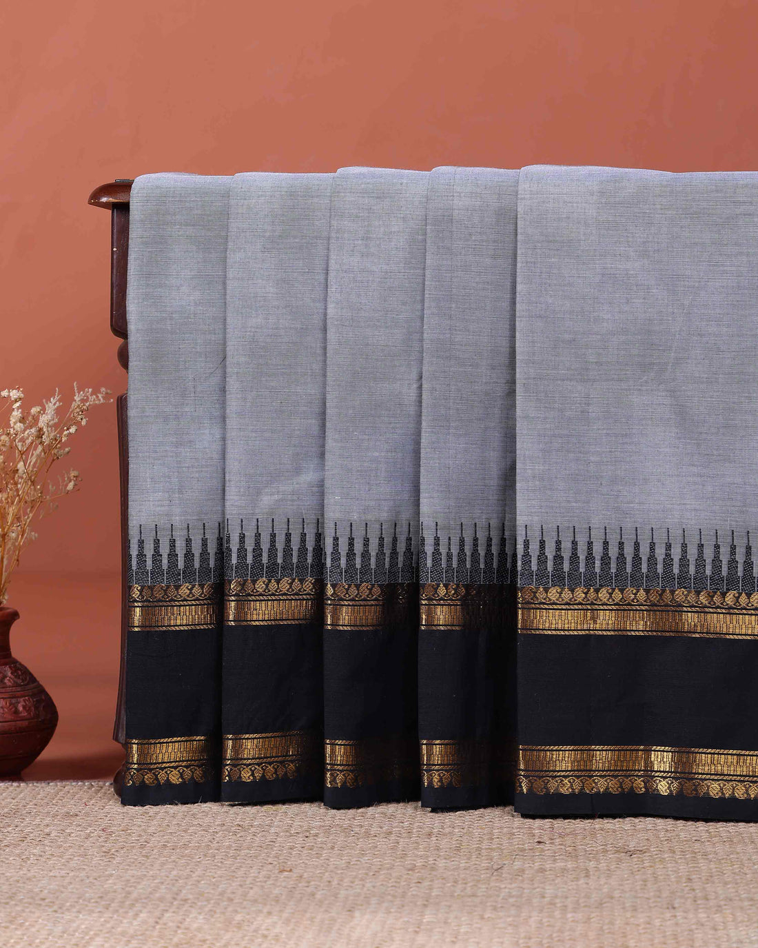 Elegant Classic Kanchi Cotton Saree with Traditional Temple Border - Grey