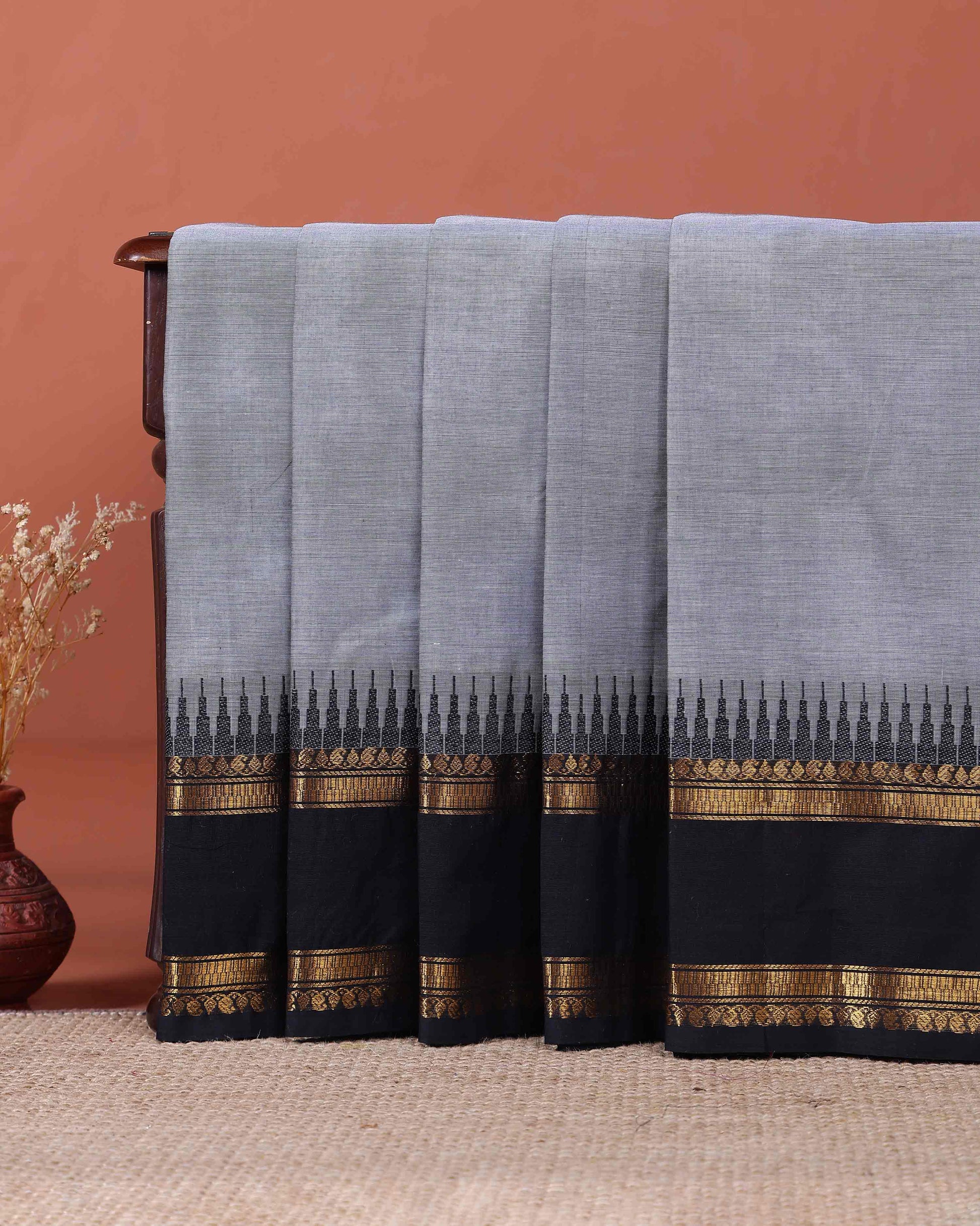Elegant Classic Kanchi Cotton Saree with Traditional Temple Border - Grey