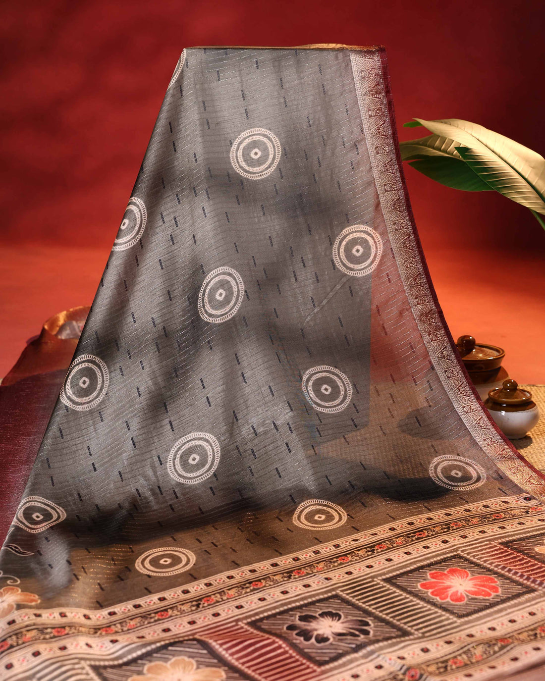 Elegant Dola Saree with Circular Butti Motifs and Traditional Woven Border with Floral Pallu - Dark Grey