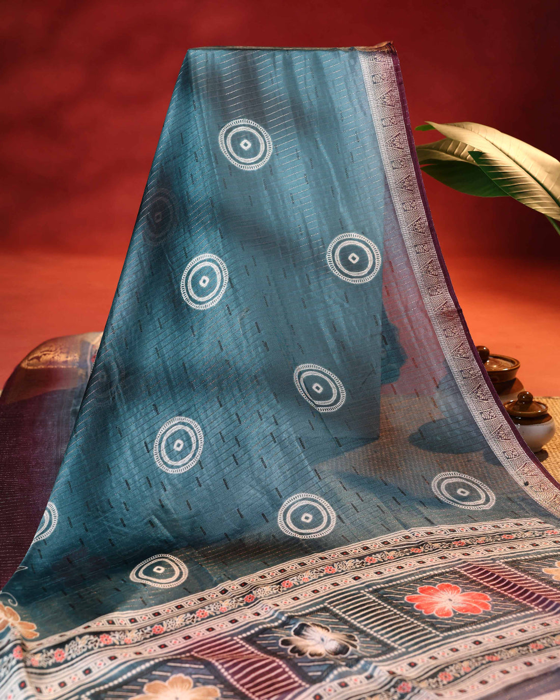 Elegant Dola Saree with Circular Butti Motifs and Traditional Woven Border with Floral Pallu - Teal