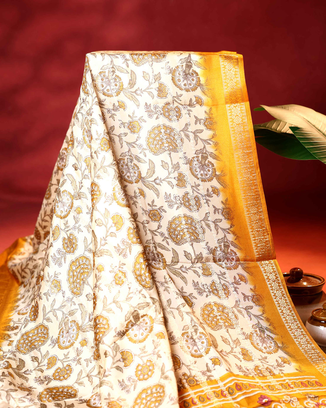 Elegant Dola Saree with Floral Butta Motifs and Classic Zari Woven Contrast Border - Cream