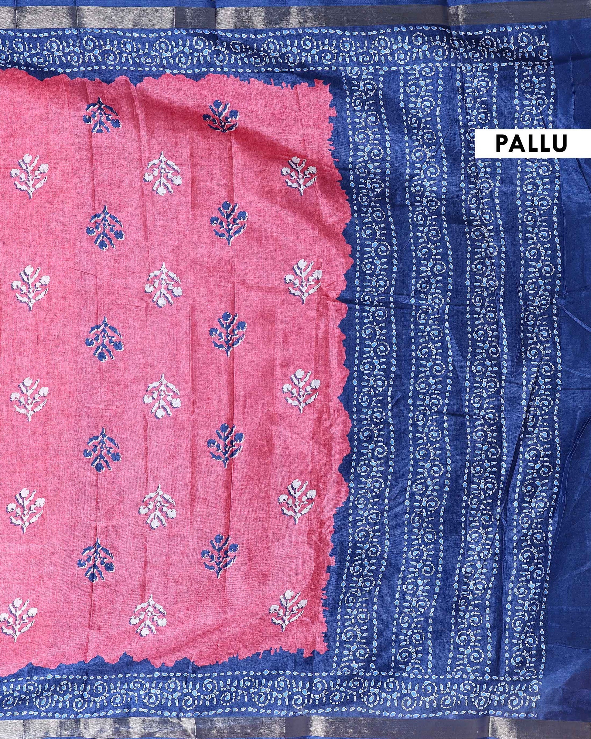 Elegant Dola Saree with Floral Motifs and Contrast Border -Pink-Pallu