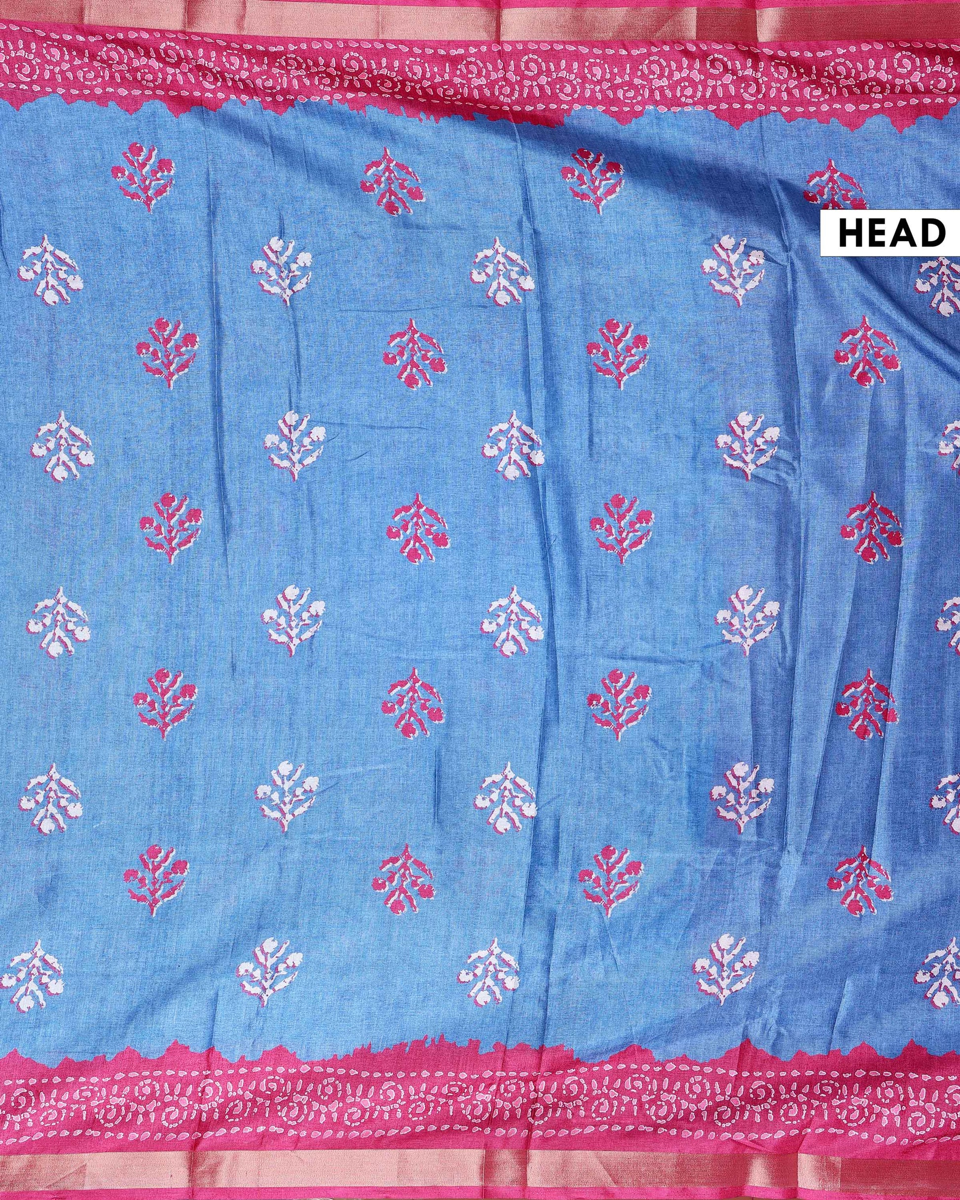 Elegant Dola Saree with Floral Motifs and Contrast Border - Blue-Head