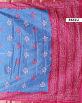 Elegant Dola Saree with Floral Motifs and Contrast Border - Blue-PALLU