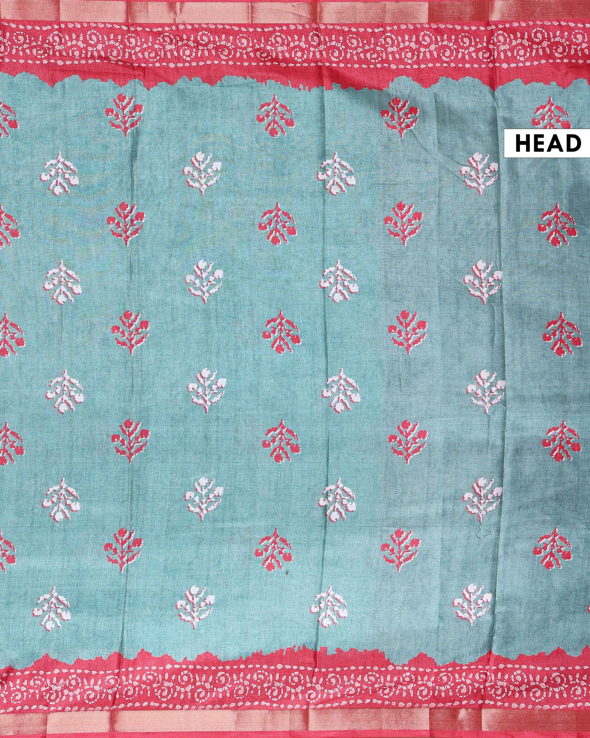 Elegant Dola Saree with Floral Motifs and Contrast Border - Green-Head