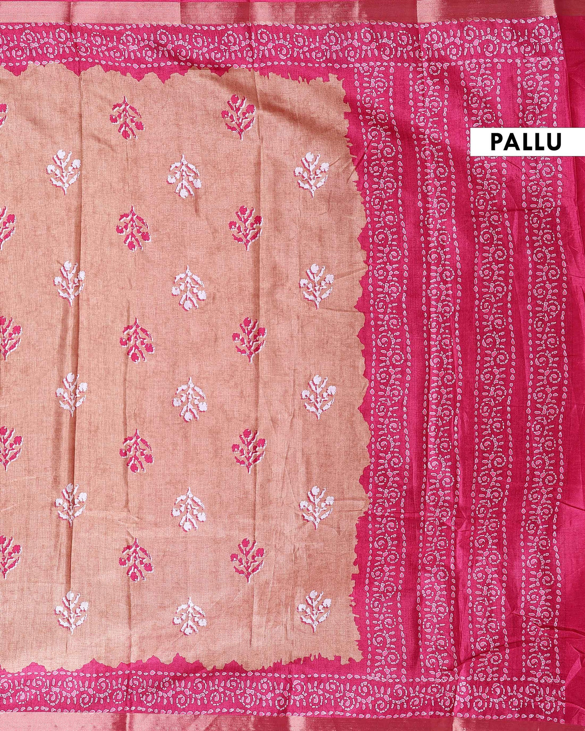 Elegant Dola Saree with Floral Motifs and Contrast Border - Light Brown-PALLU