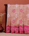 Elegant Dola Saree with Floral Motifs and Contrast Border - Light Brown