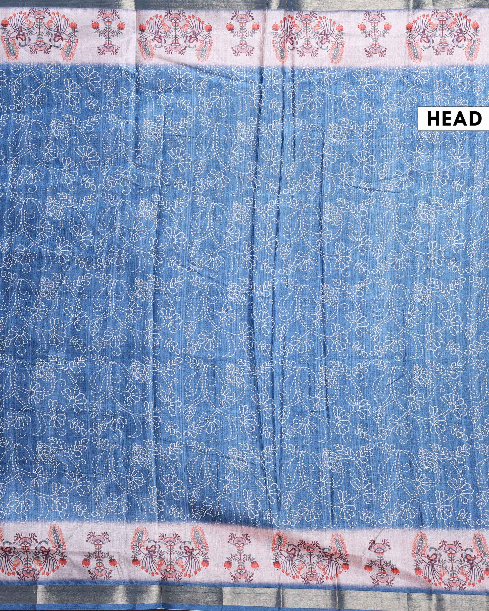Elegant Dola Saree with Intricate Floral and Peacock Motif Border -Blue-Head