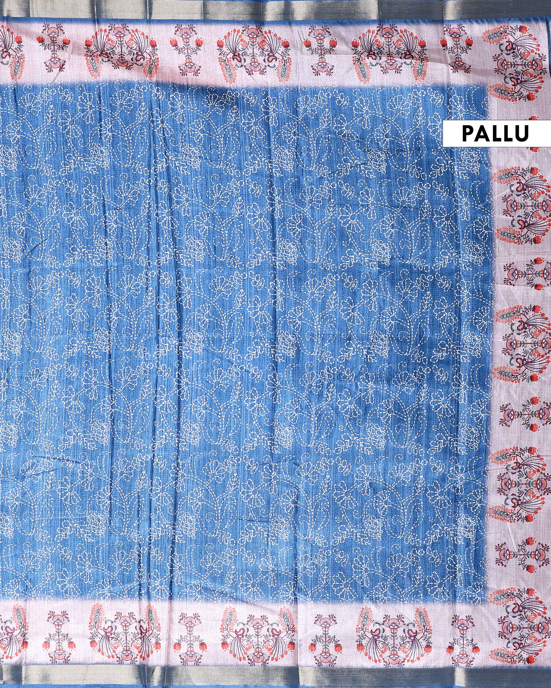 Elegant Dola Saree with Intricate Floral and Peacock Motif Border -Blue-Pallu