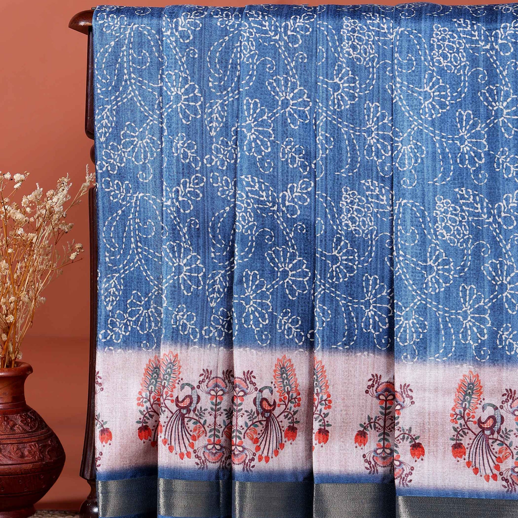 Elegant Dola Saree with Intricate Floral and Peacock Motif Border -Blue