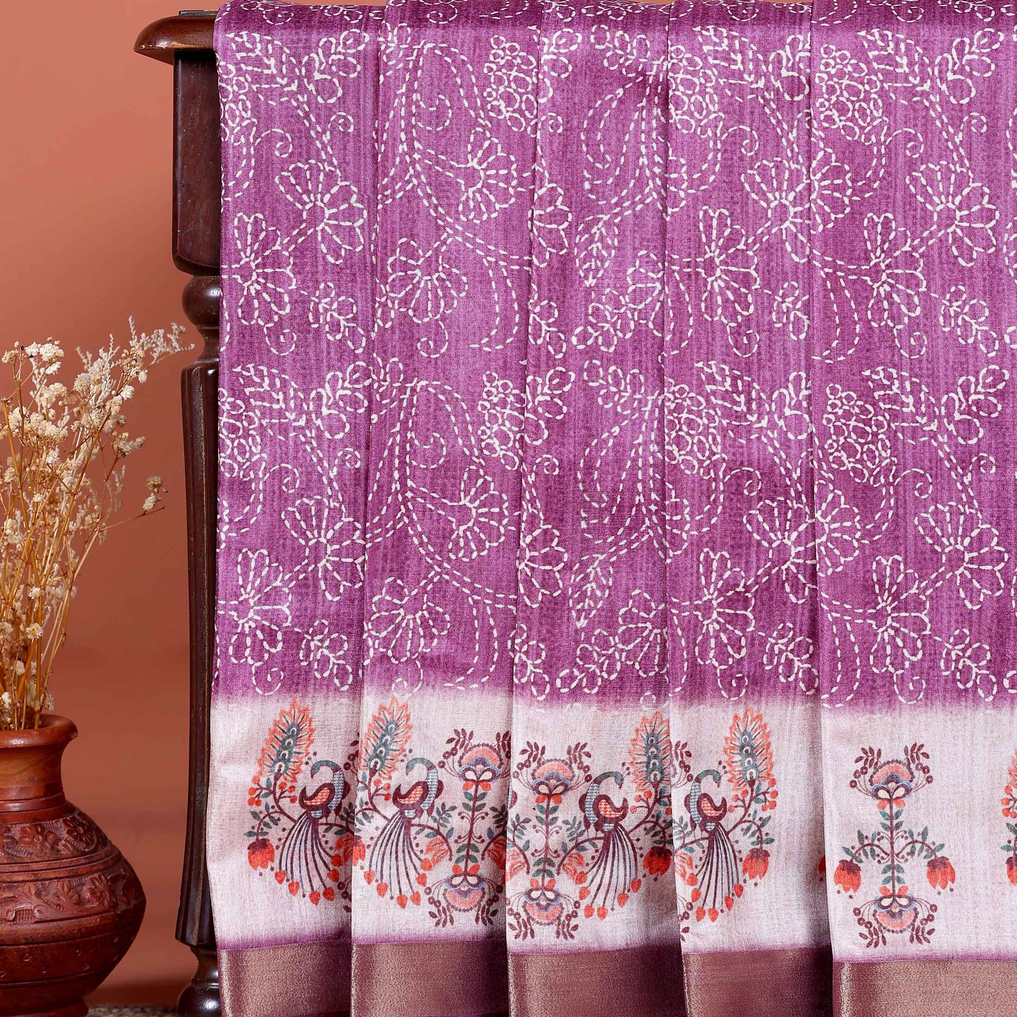 Elegant Dola Saree with Intricate Floral and Peacock Motif Border - Purple