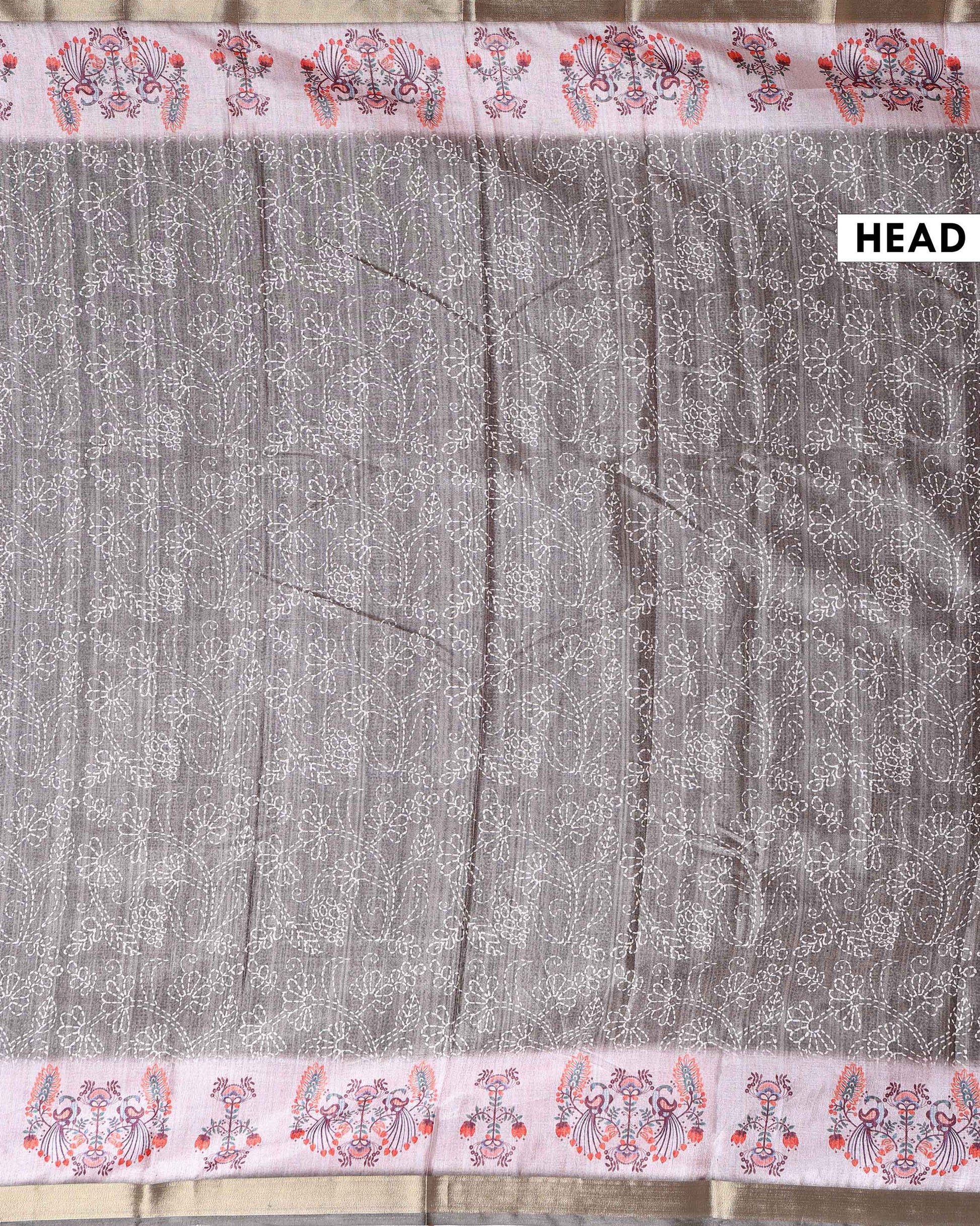 Elegant Dola Saree with Kantha Embroidery and Printed Pallu - Brown-Head
