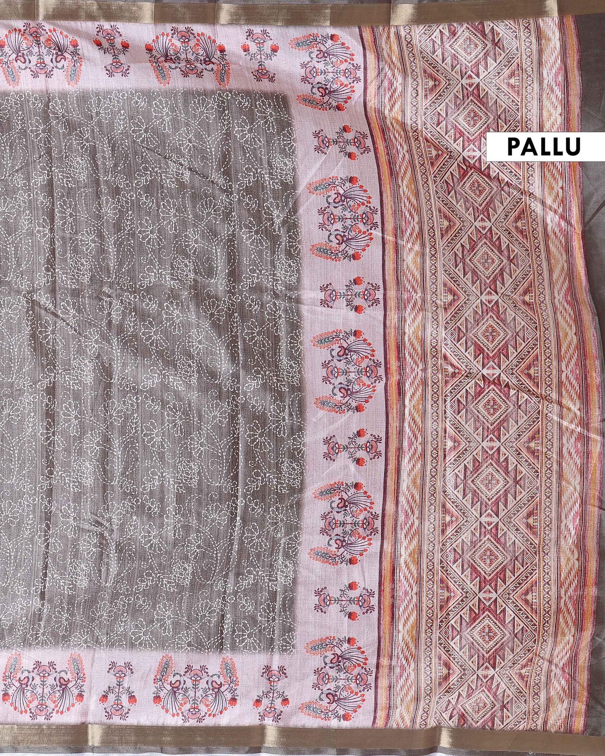 Elegant Dola Saree with Kantha Embroidery and Printed Pallu - Brown-Pallu