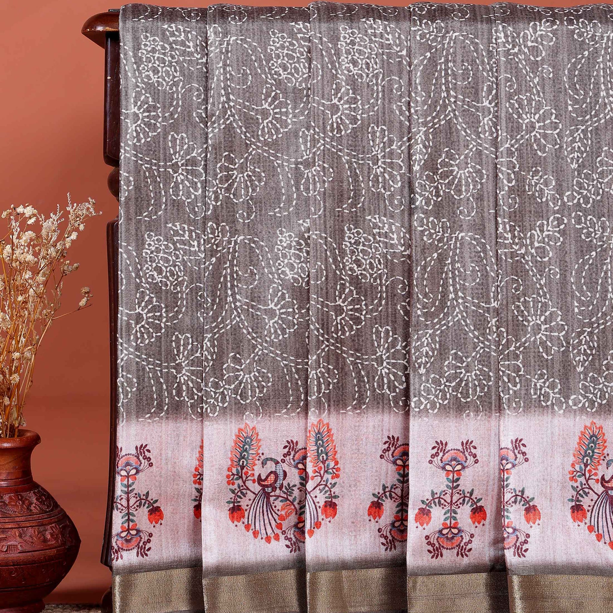 Elegant Dola Saree with Kantha Embroidery and Printed Pallu - Brown