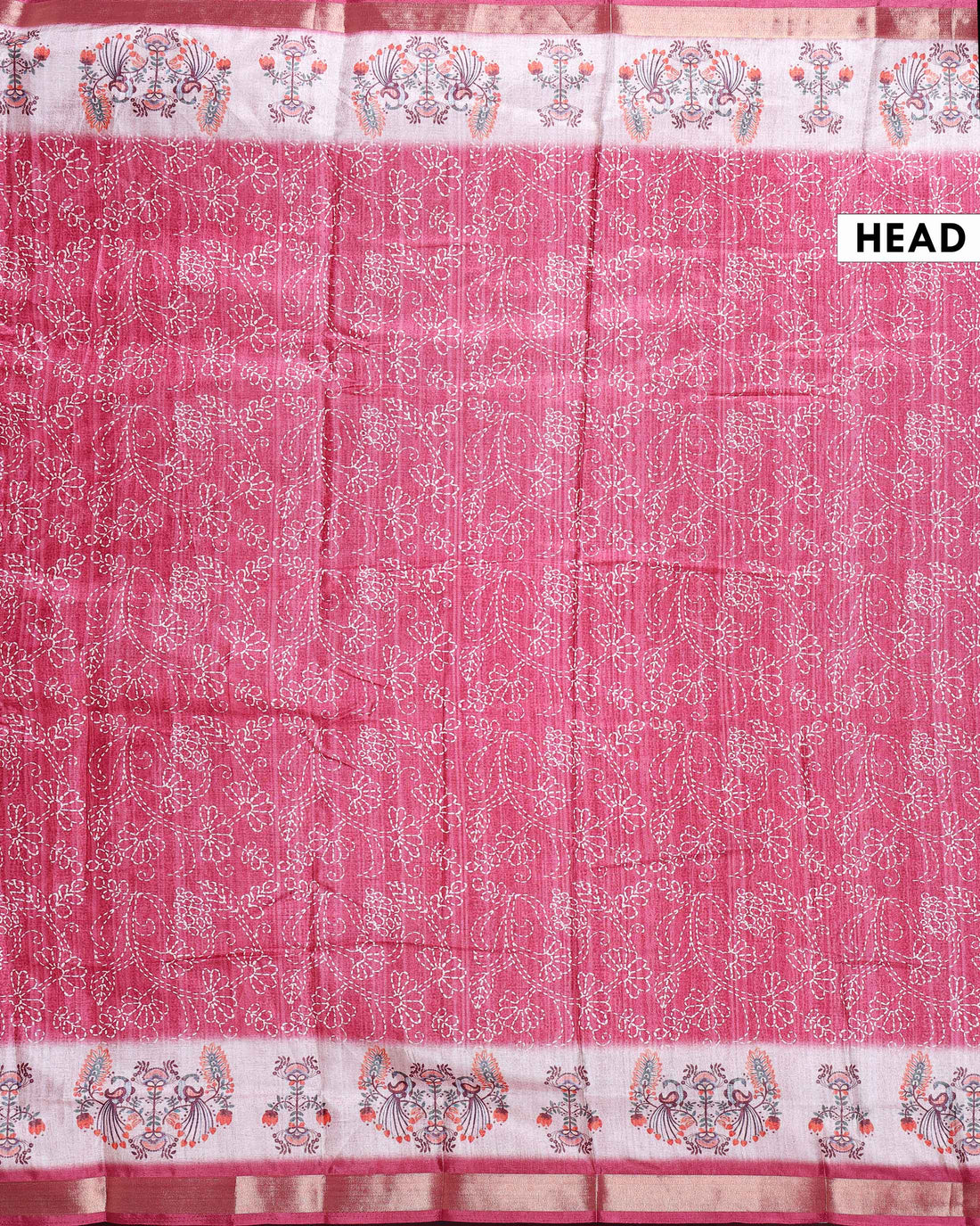 Elegant Dola Saree with Kantha Embroidery and Printed Pallu - Onion Pink
