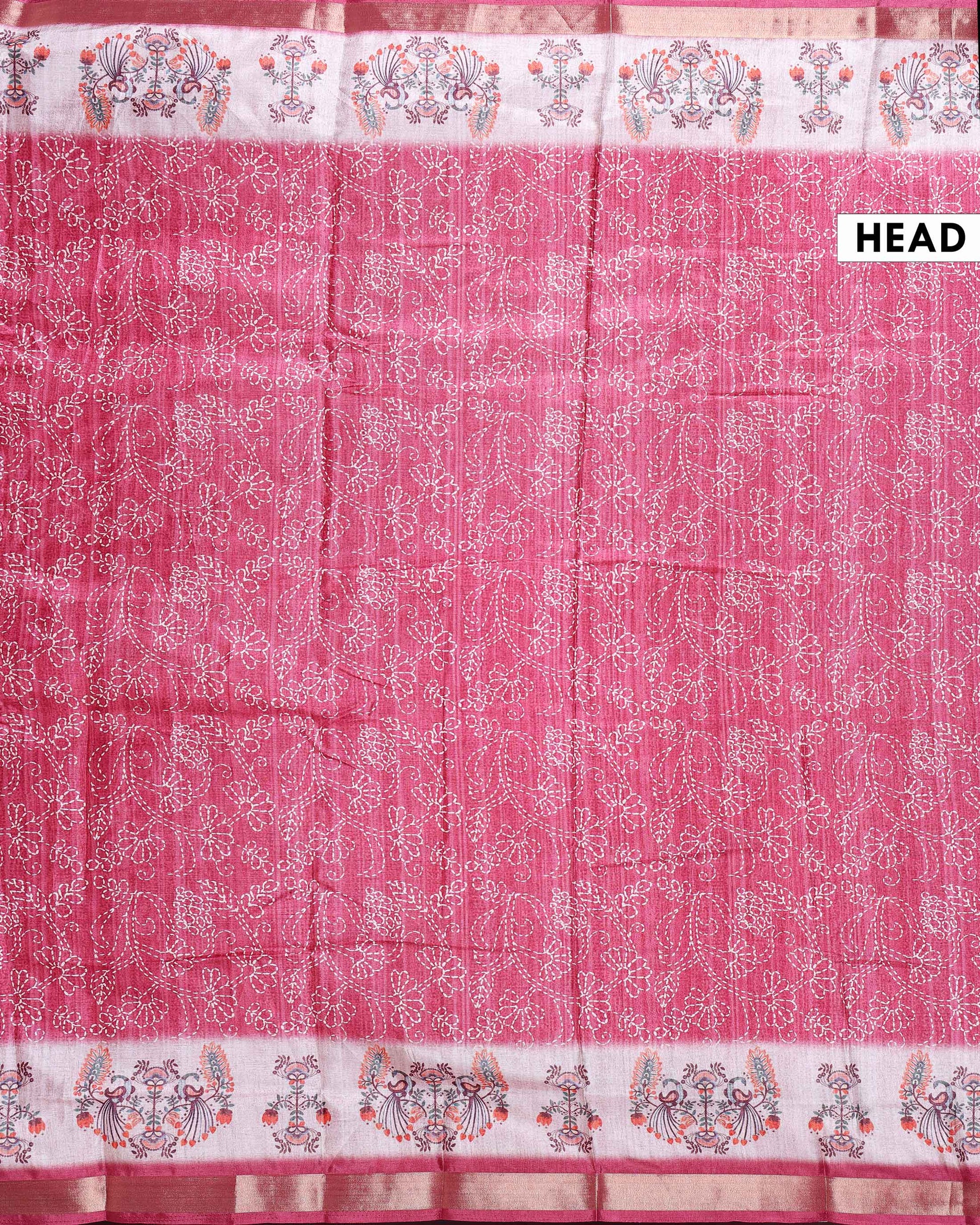 Elegant Dola Saree with Kantha Embroidery and Printed Pallu - HEAD