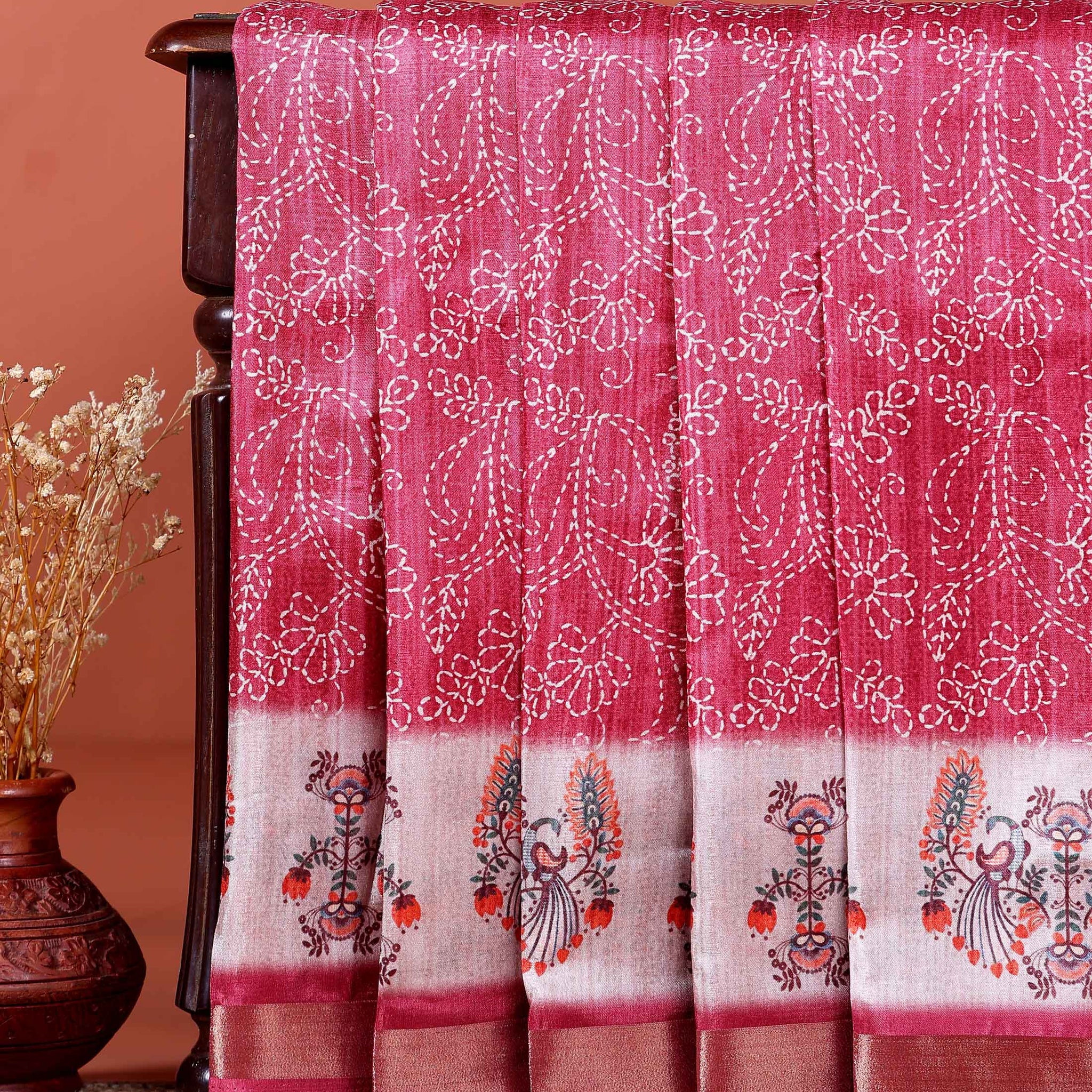 Elegant Dola Saree with Kantha Embroidery and Printed Pallu - Onion Pink