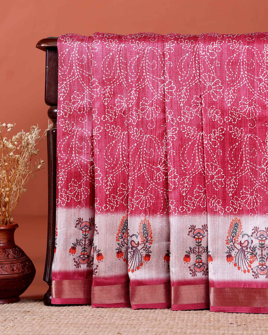 Elegant Dola Saree with Kantha Embroidery and Printed Pallu - Onion Pink