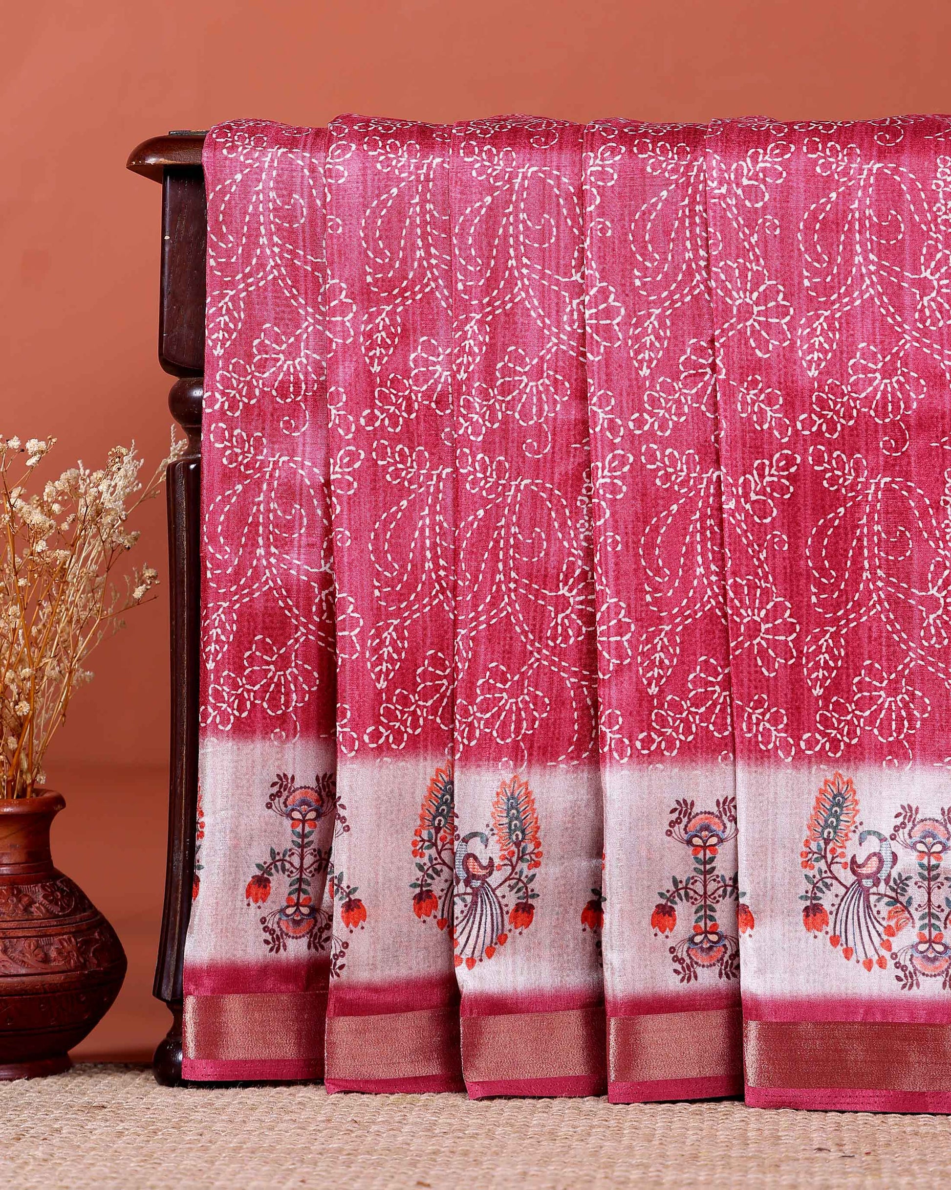 Elegant Dola Saree with Kantha Embroidery and Printed Pallu - Onion Pink