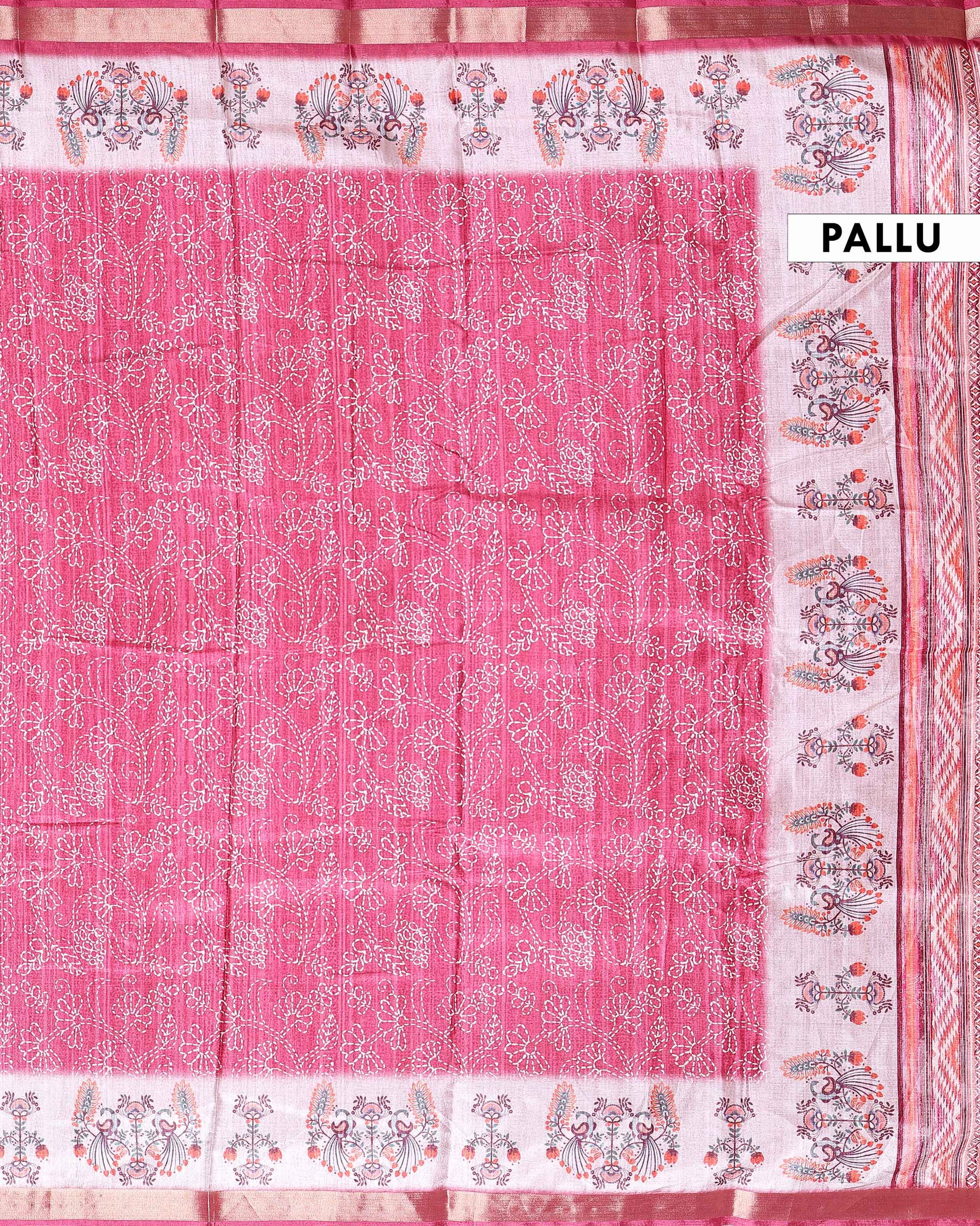 Elegant Dola Saree with Kantha Embroidery and Printed Pallu - PALLU