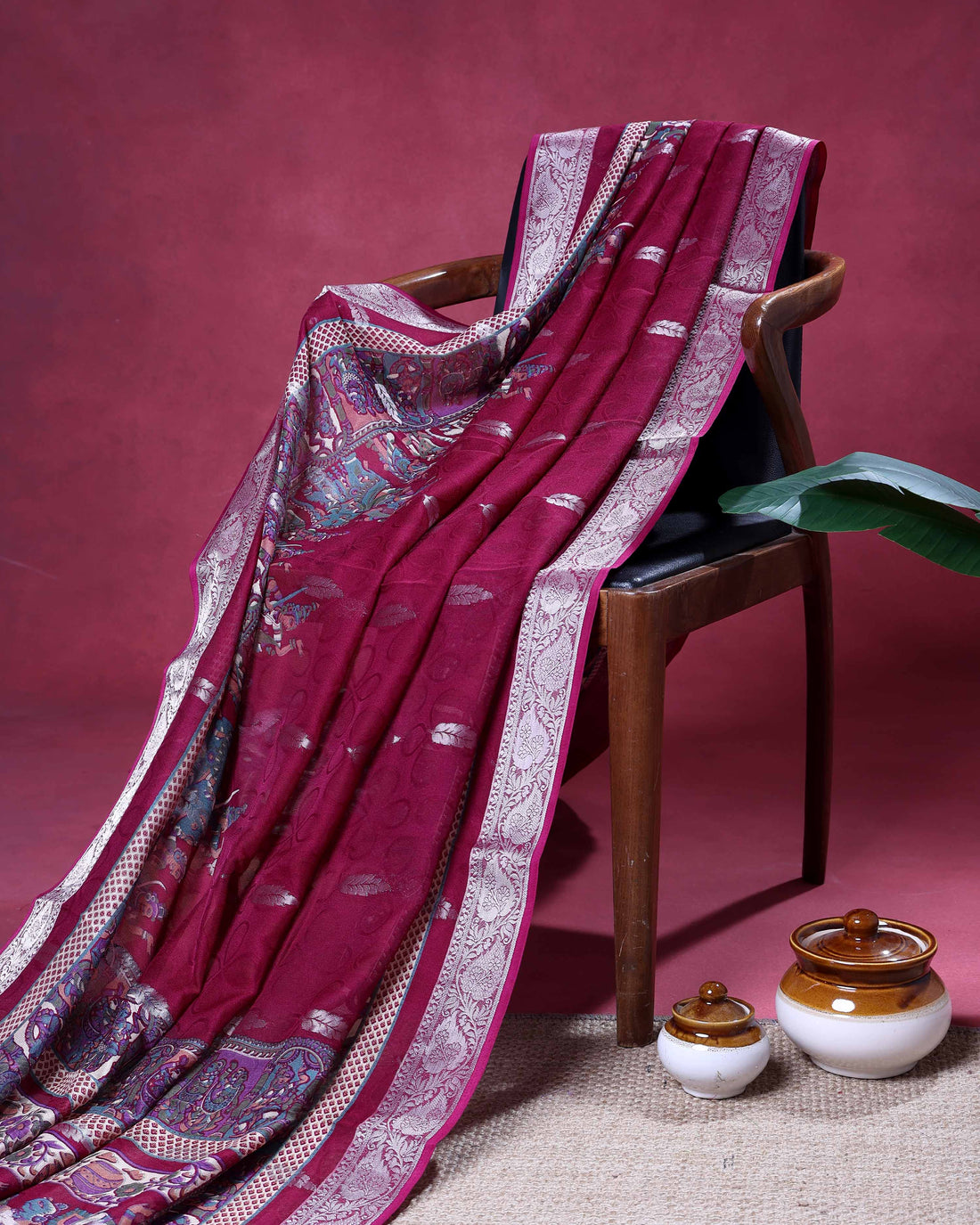 Elegant Dola Saree with Silver Butta Motifs and Traditional Folk Art Border - Maroon