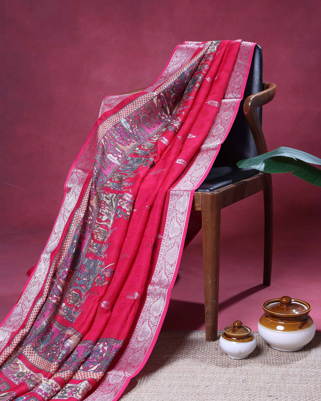 Elegant Dola Saree with Silver Butta Motifs and Traditional Folk Art Border - Pink