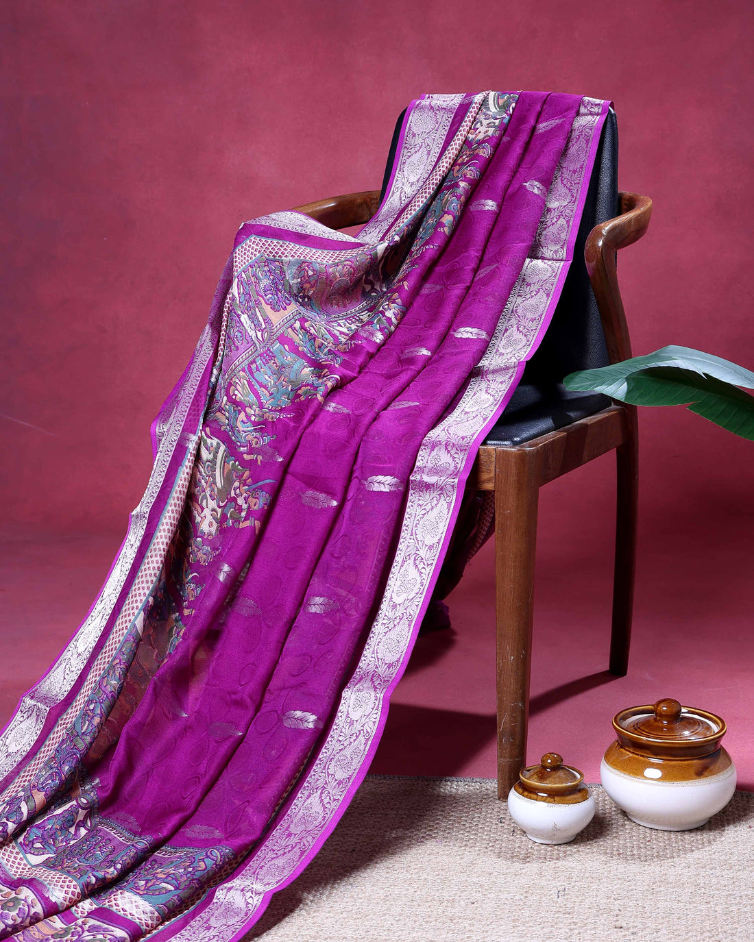 Elegant Dola Saree with Silver Butta Motifs and Traditional Folk Art Border - Purple